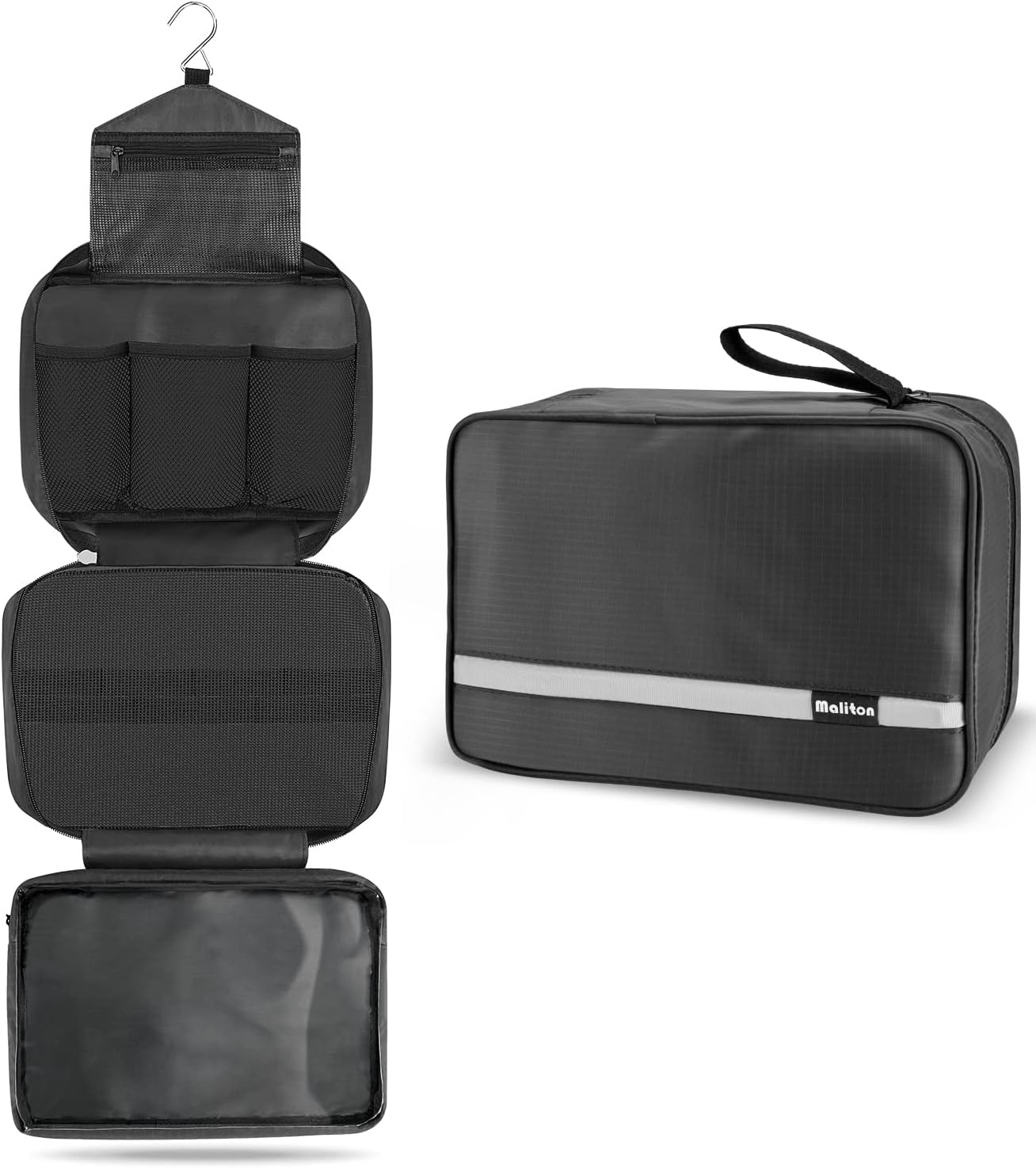 Hanging Toiletry Bag, Waterproof Large Mens Wash Bag, Foldable Travel Toiletry Bag with 4 Compartments, Travel Essentials for Business Trip, Vacation and for Overnight & Shower（Black）