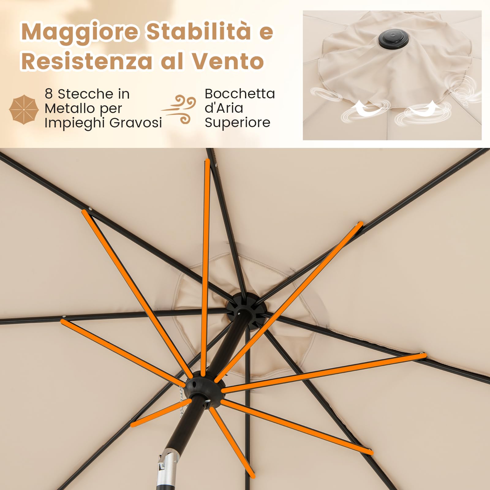 COSTWAY Ombrellone da Giardino 290 cm con Inclinazione Regolabile, 8 Stecche Manovella per Spiaggia Piscina Cortile Beige