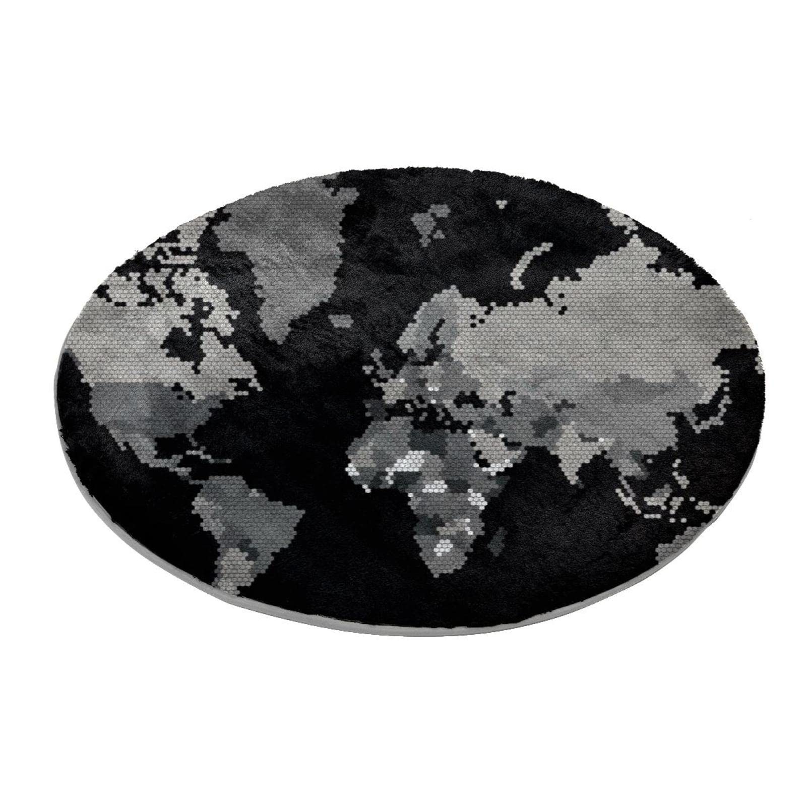 Alfombra redonda para dormitorio, sala de estar, estudio, juegos, escala de color gris, mapa del mundo, color negro