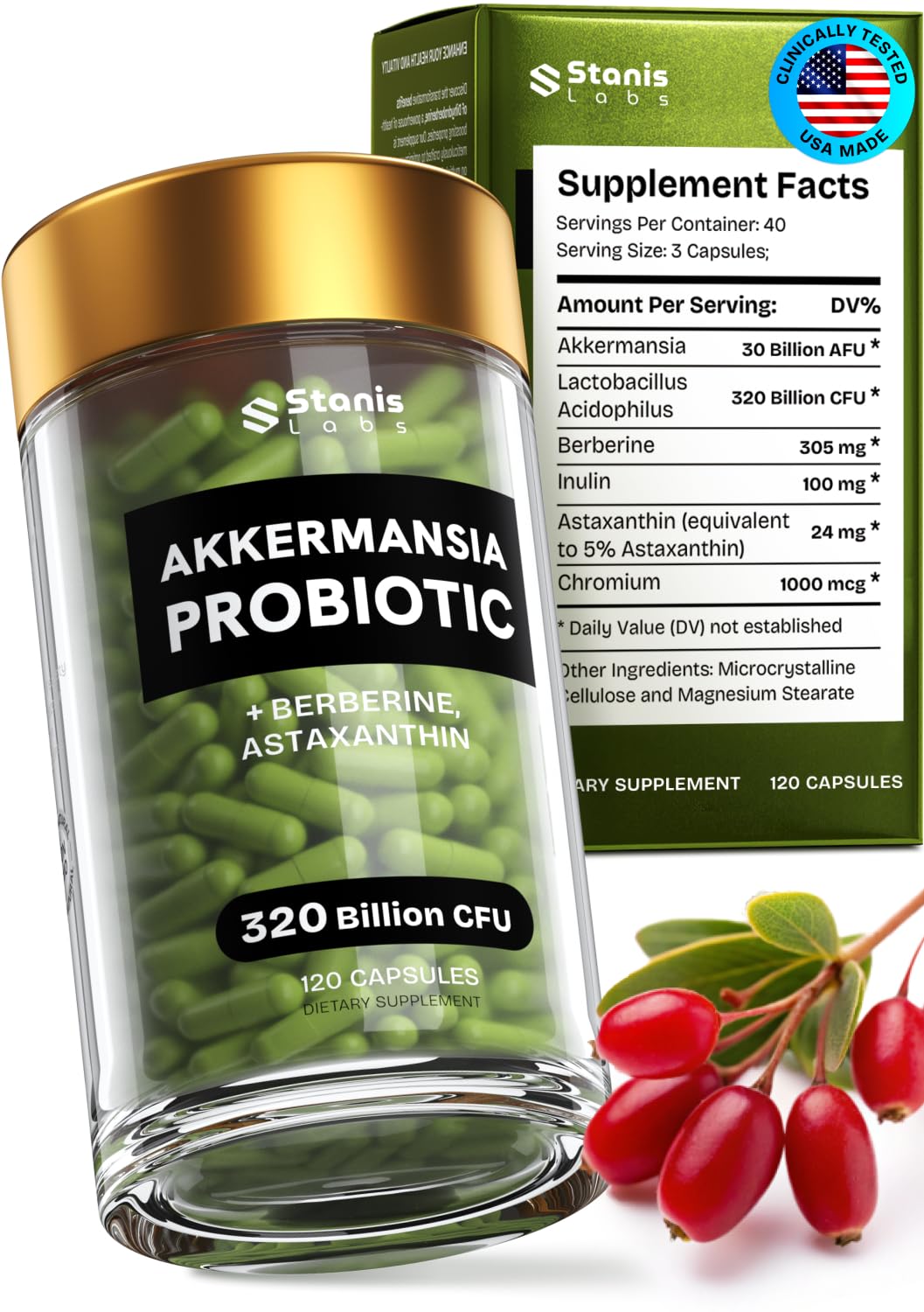 Akkermansia Muciniphila Probiotics 320 Billion CFU| Probiotic and Prebiotic | Akkermansia Probiotics for gut health | Inulin Prebiotic Fiber Capsules Astaxanthin & Berberine & Chromium 120 count