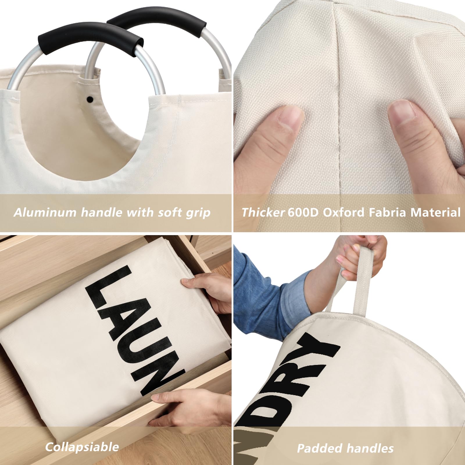 Maxsilan Cesto portabiancheria grande, 90 l, autoportante, alto, pieghevole, beige