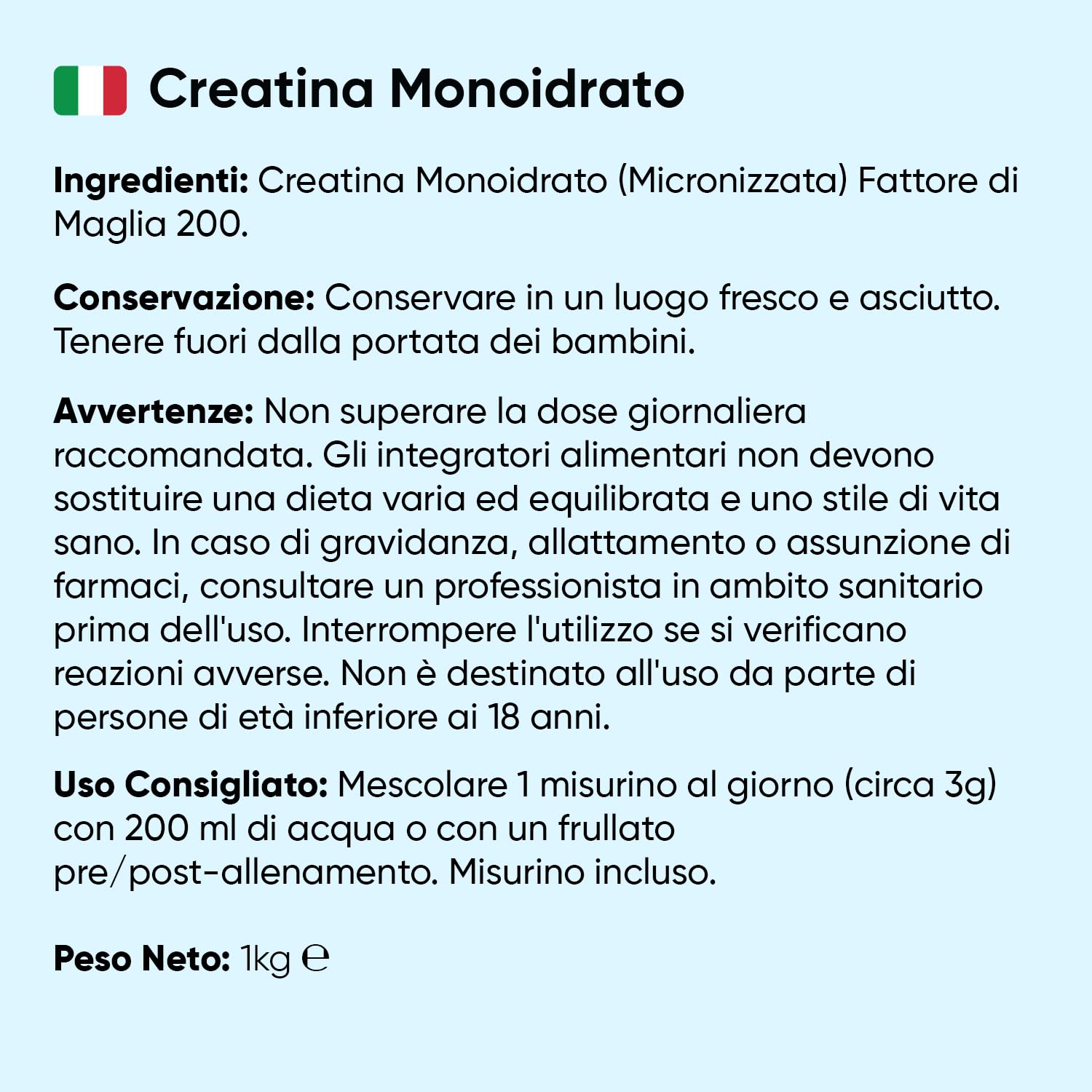 Creatina Monoidrata in Polvere da 1kg, 3000mg, 330 Dosi, Fattore di Maglia 200, Formula 100% Pura e Vegana, Creatina in Polvere Micronizzata con Misurino, Pre Workout e Post Workout, Senza Glutine
