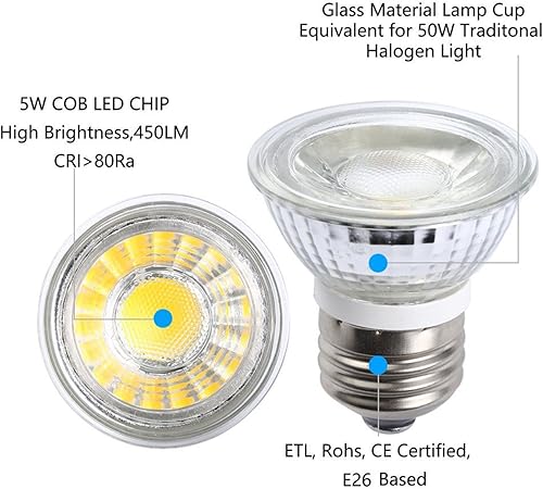 Miniatura 4 de CTKcom Bombilla LED PAR16/HR16 de 5 W (paquete de 4) – E26/E27 COB Bombilla de inundación 36 grados 450LM 6000K Luz diurna blanca 50W Bombilla