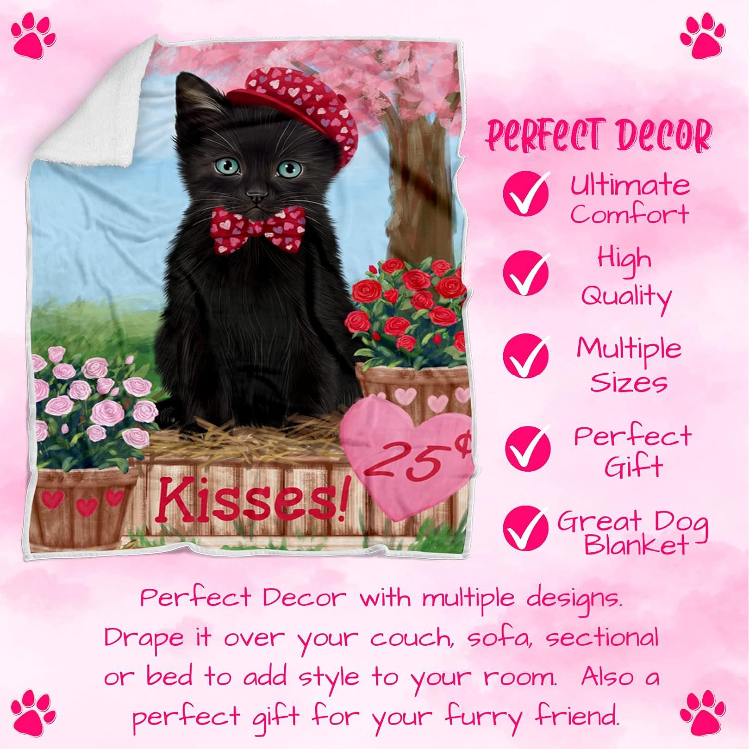Rosie 25 Cent Kisses Black Cat Blanket - Lightweight Soft Cozy and Durable Bed Blanket - Animal Theme Fuzzy Blanket for Sofa Couch BLNKT60741 (50x60 Woven)