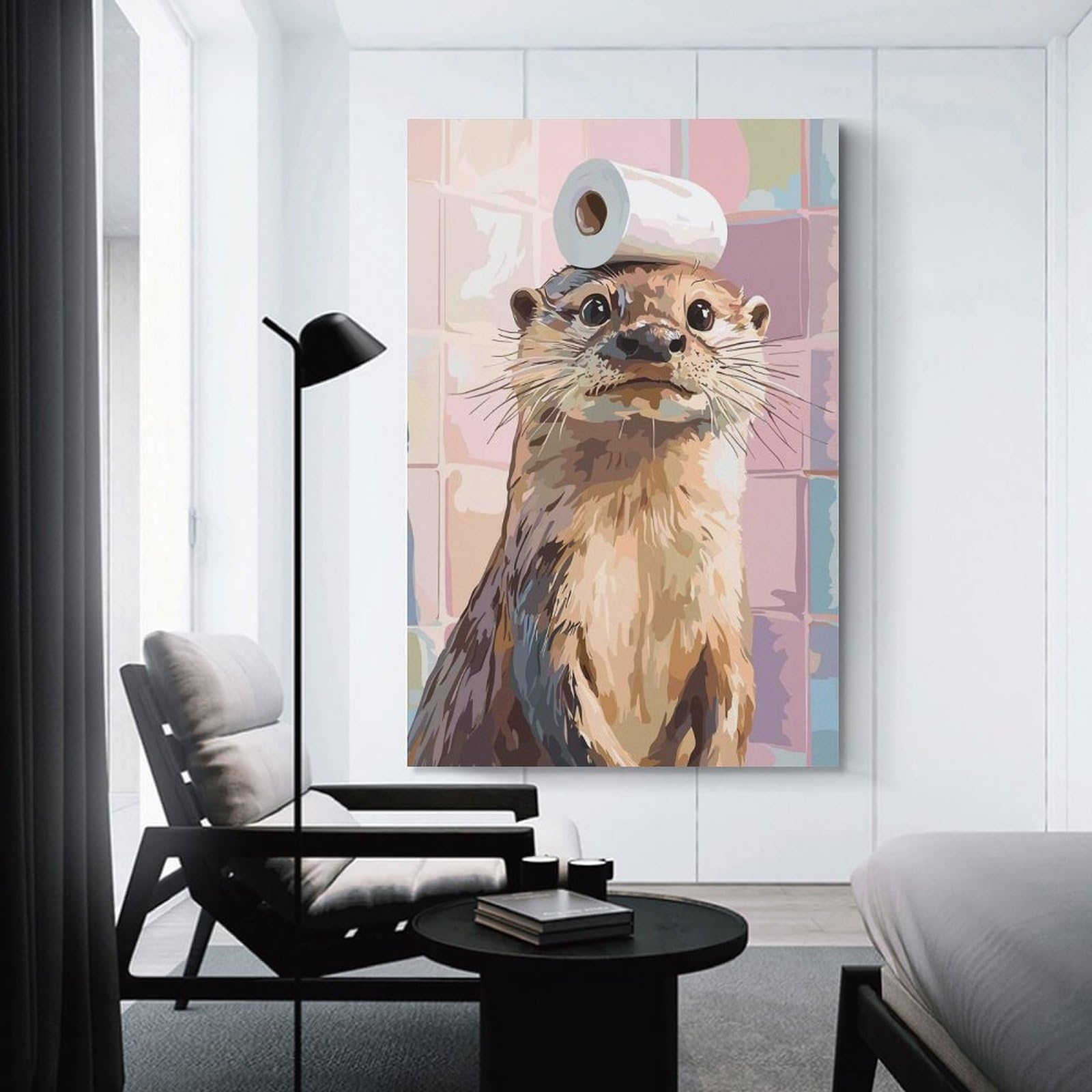 Junmoney Canvas Wall Decor Otter with Toilet Paper on Head, 24x36inch(60x90cm), for Flats, Guest Rooms Or Compact Rooms, Wall Decor with Flexible Room Appeal