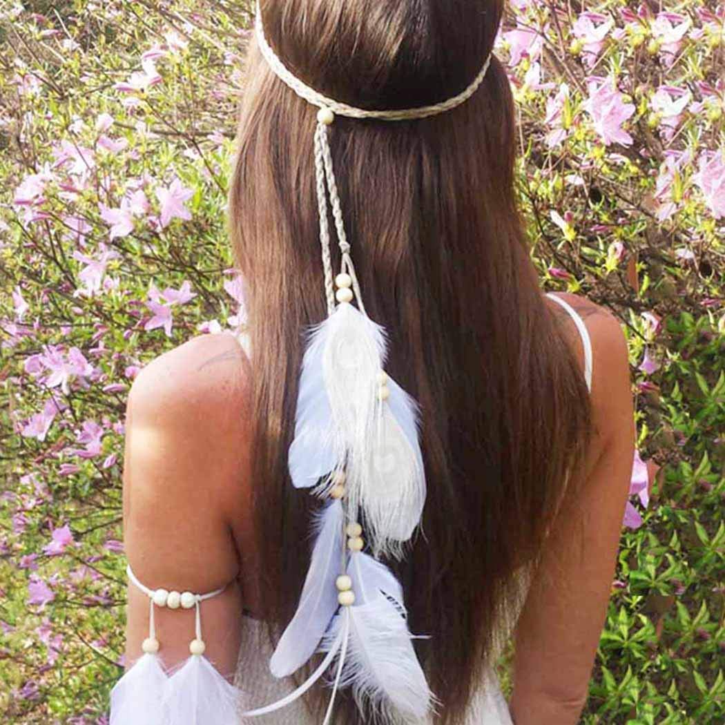 Nicute Festival Feather Headband Tassel Headpiece Boho Hair Accessories for Women and Girls (Beige)