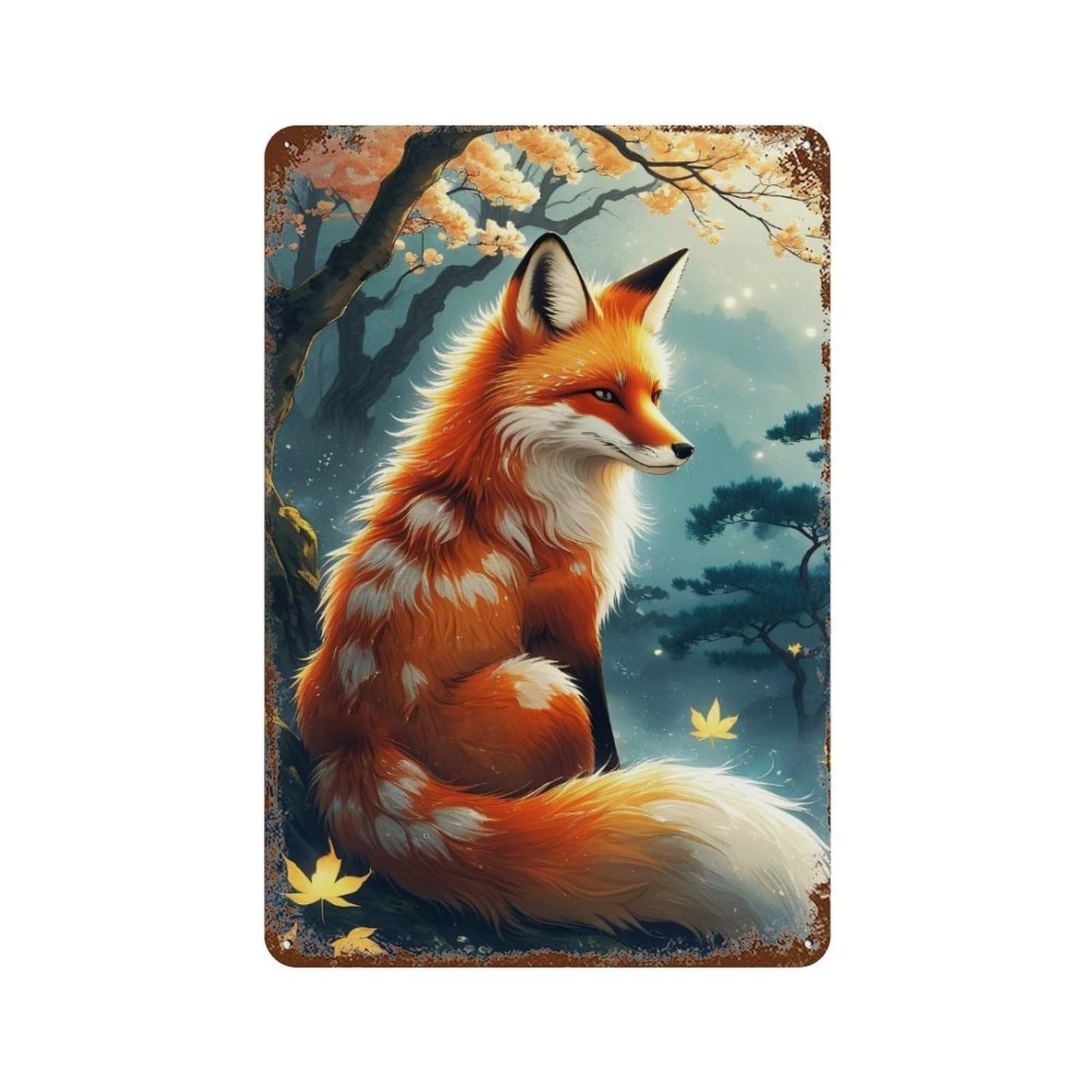 Garage Style Fox in A Mystical Forest Rusty Metal Tin Sign 11.8"x7.9", Classic Wall Plaque for Bar And Workshop