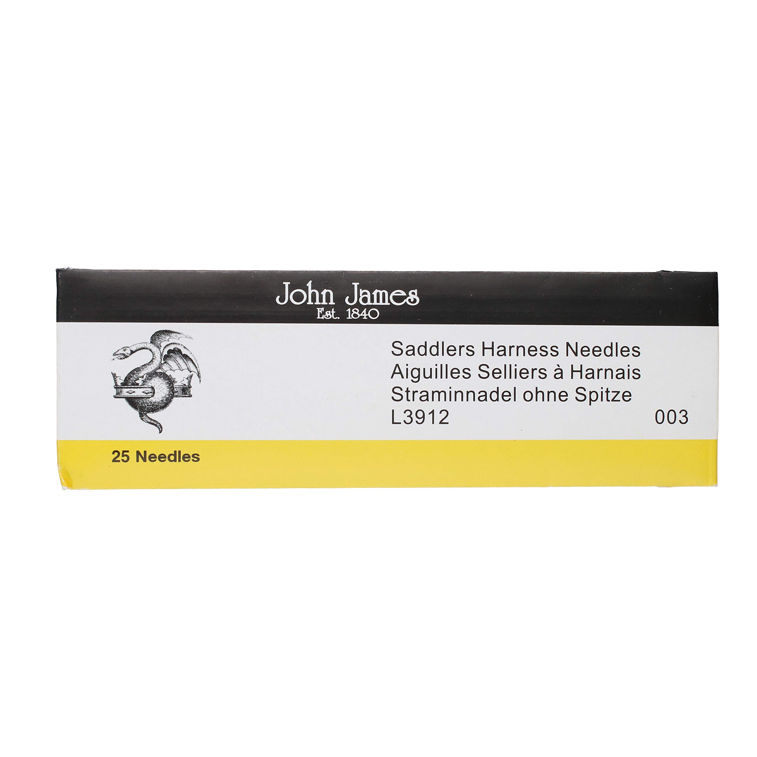 Igły do uprzęży John James Saddlers, rozmiar 003, długość 54 mm i średnica 1,02 mm, opakowanie 25 sztuk, duże, zaokrąglony punkt, do wszystkich ręcznie szytych skórzanych prac rzemieślniczych i napraw