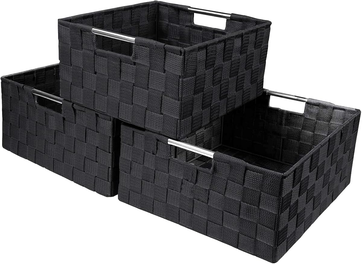 Caja de almacenamiento Cesta tejida Contenedor de basura Juego de organizador de cubos Cesta de almacenamiento apilable Organizador de estante con correa tejida Asas de transporte incorporadas (negro)