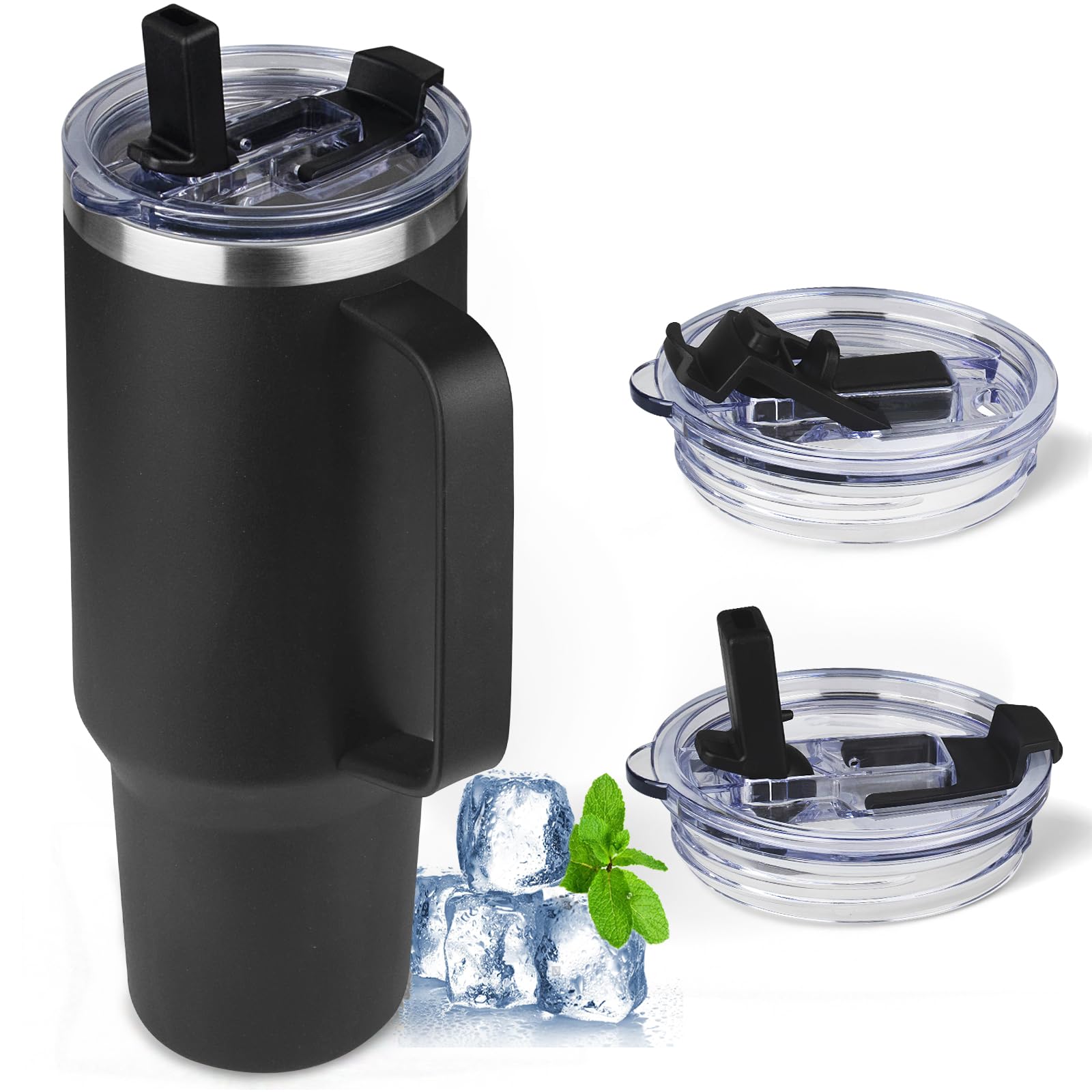40 oz Tumbler with Handle and Flip Straw, 100% Leakproof Insulated Tumbler with Lid and Straw, Stainless Steel Travel Coffee Mug, Insulated Coffee Thermal Cup for Cold and Hot (Black)