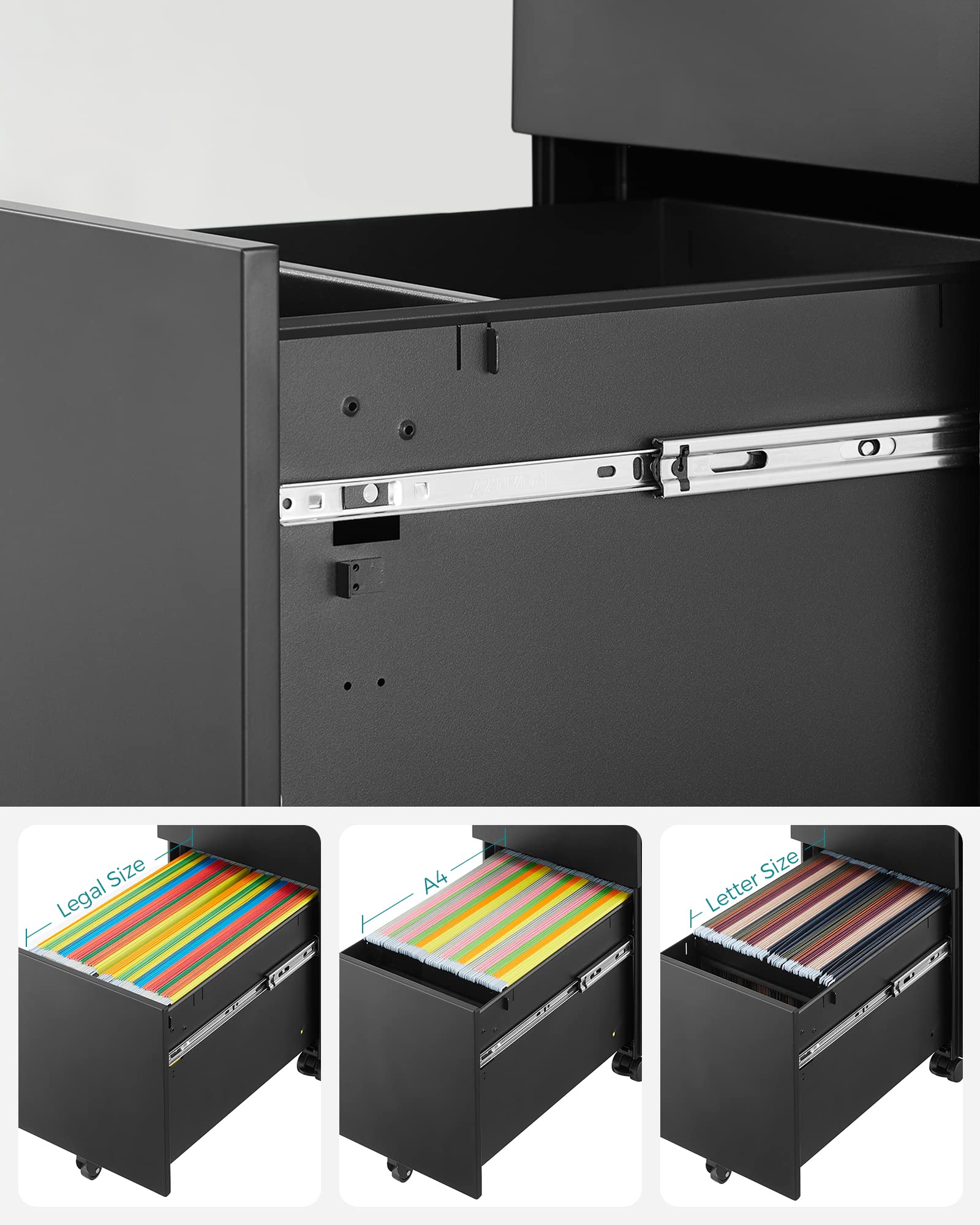 SONGMICS Archivador móvil, Cajonera de Oficina con Ruedas y Cerradura, para A4, Documentos, Carpetas de Archivo, Negro OFC031B01