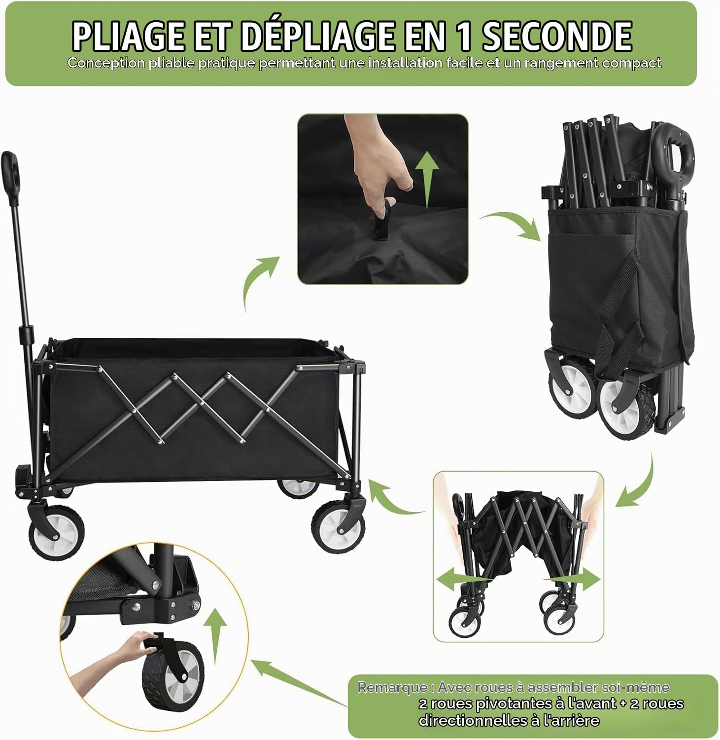 Chariot Pliable sur Roues,100 kg de Grande capacité,Housse de Chariot de Jardin Pliable,(Chariot de Camping et Housse)