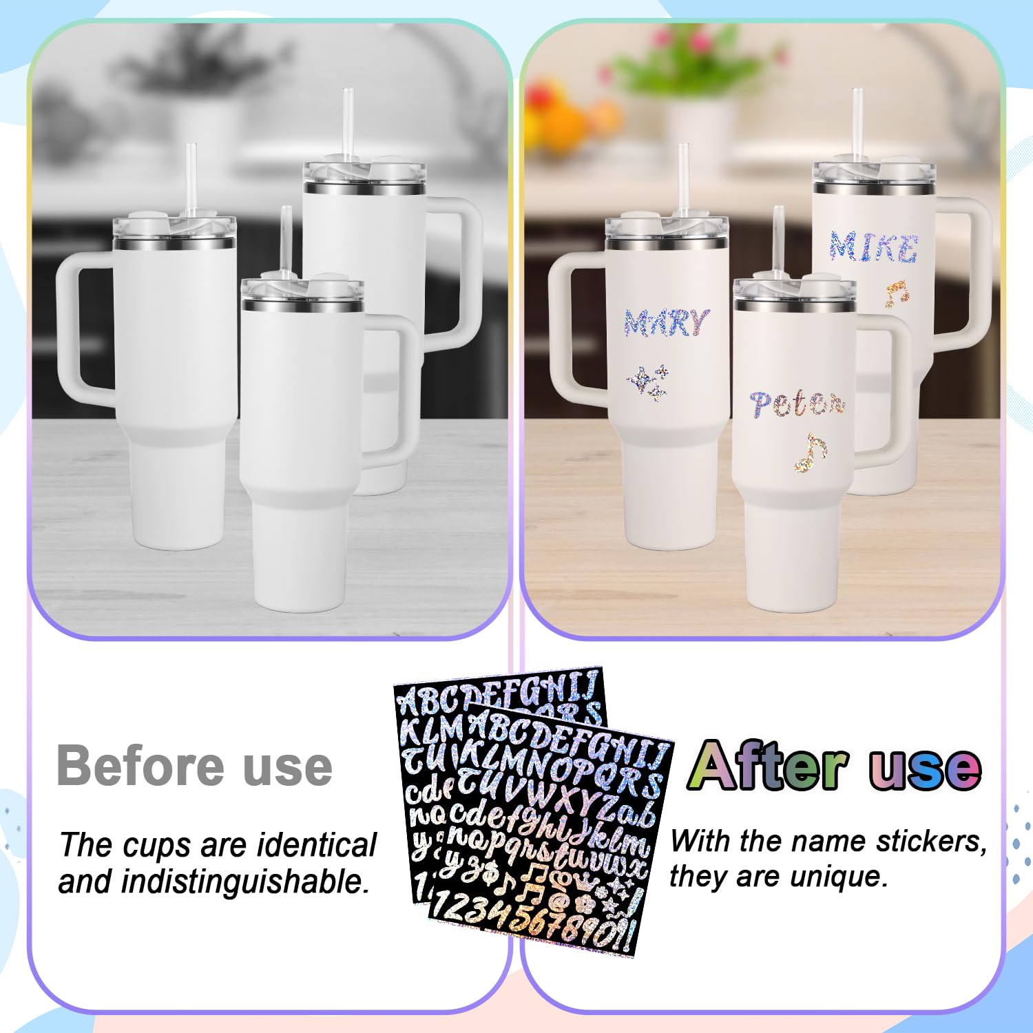 10 Blatt Glitzer-Buchstabenaufkleber Für Stanley Cups – Personalisiere Deine Trinkflasche!
