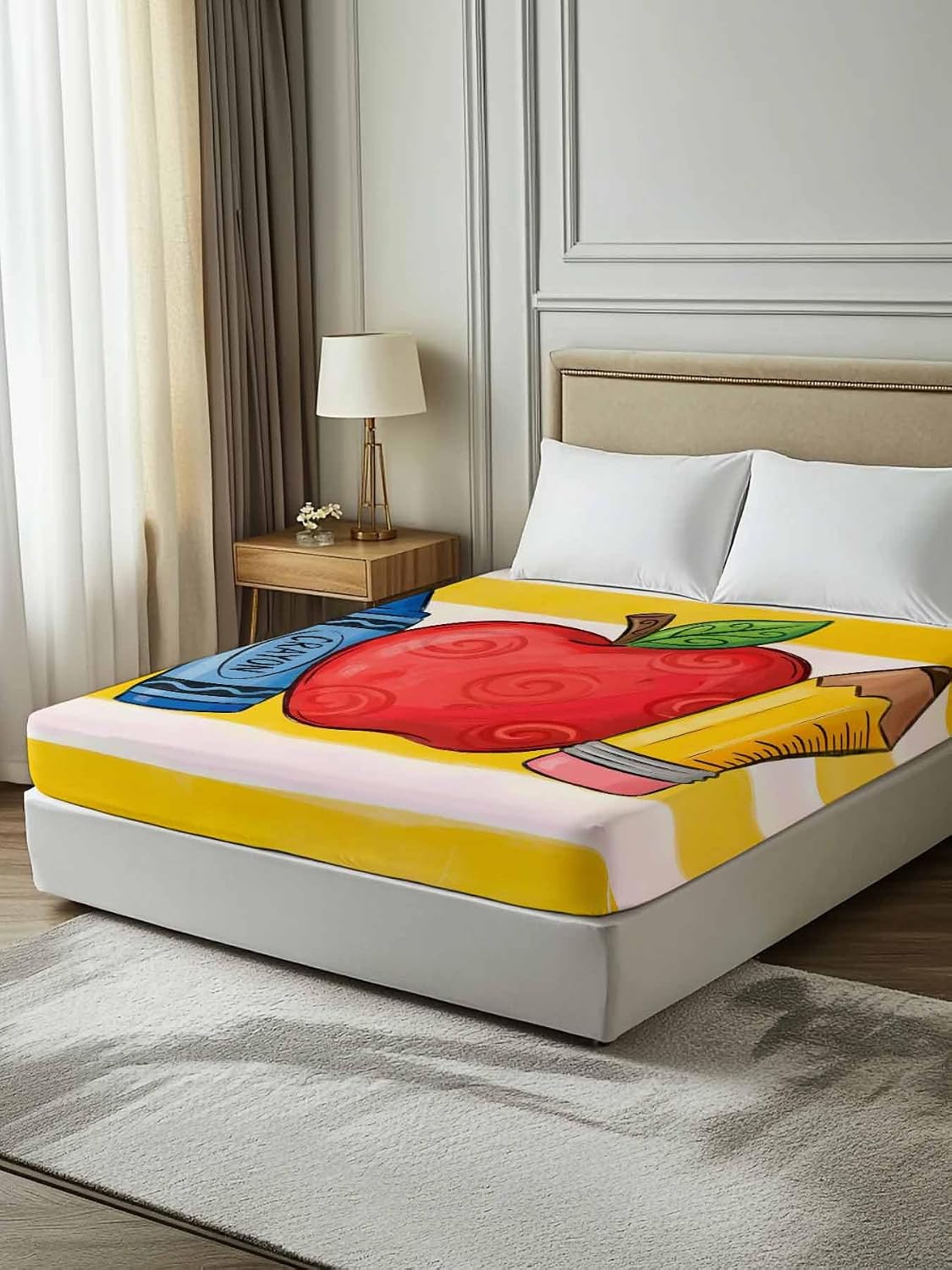 Full Flat Sheet, Children's Day Full Bed Sheets Only, Soft Microfiber Flat Sheet, Funny Cartoon Pencil Yellow Striped Hotel Quality Bedding Top Sheet Bedroom Home Dorm Decor