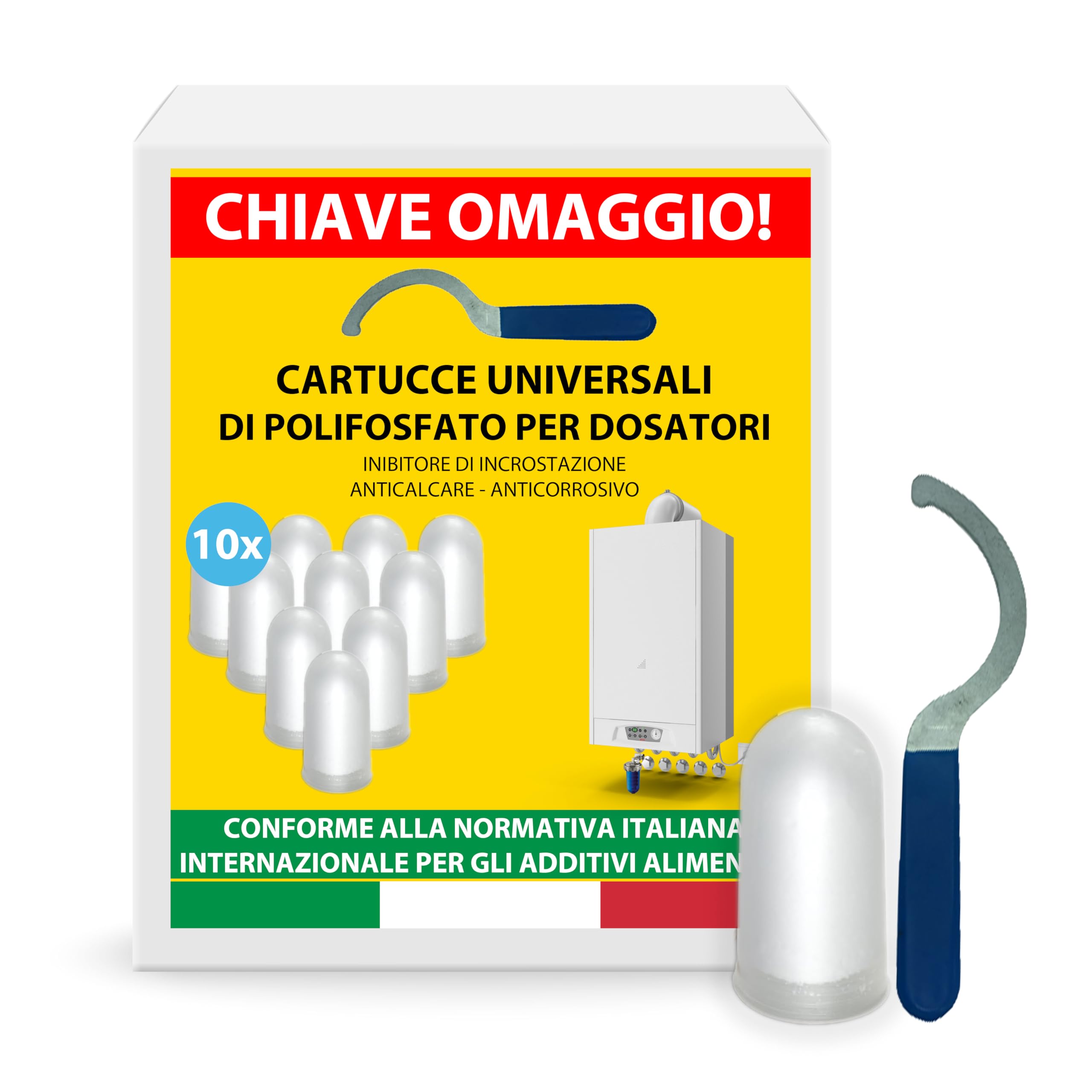 Cartucce Polifosfati per Caldaia Ricarica Universale da 10 Pastiglie di Polvere Concentrata per Filtrazione Acqua - Funge da Anticalcare e Anticorrosivo - CHIAVE OMAGGIO