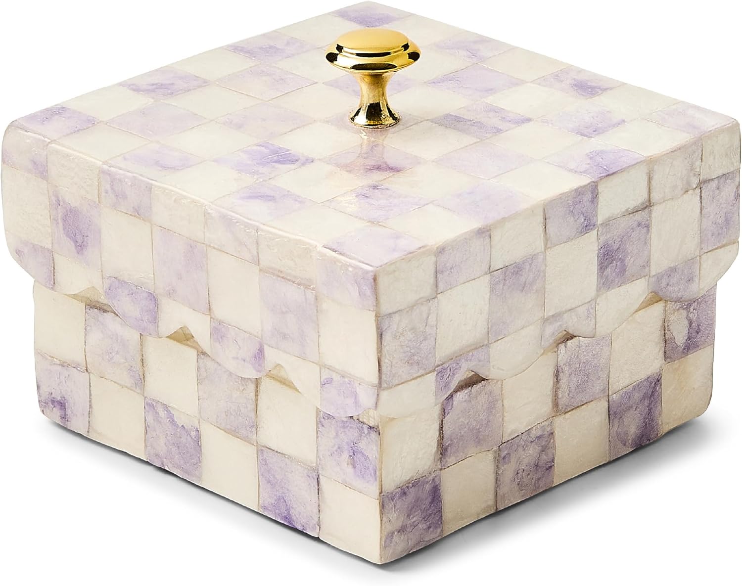 MACKENZIE-CHILDS Capiz Scalloped Box, Small Storage Box for Jewelry and Ring Storage, Purple-and-White Violet Check