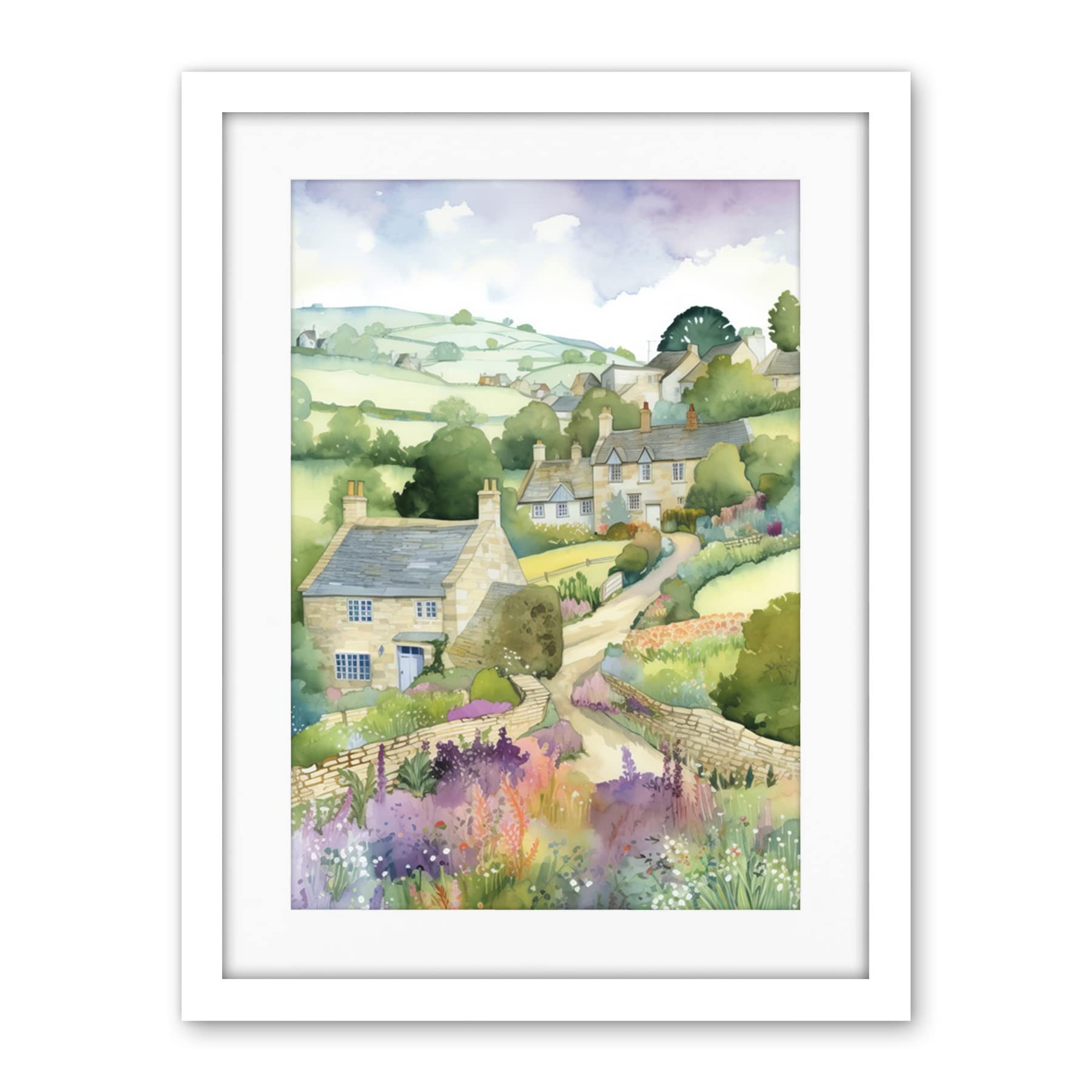 Artery8 Countryside Spring Landscape with Cottages Modern Watercolour Painting Artwork Framed Wall Art Print 18X24 Inch