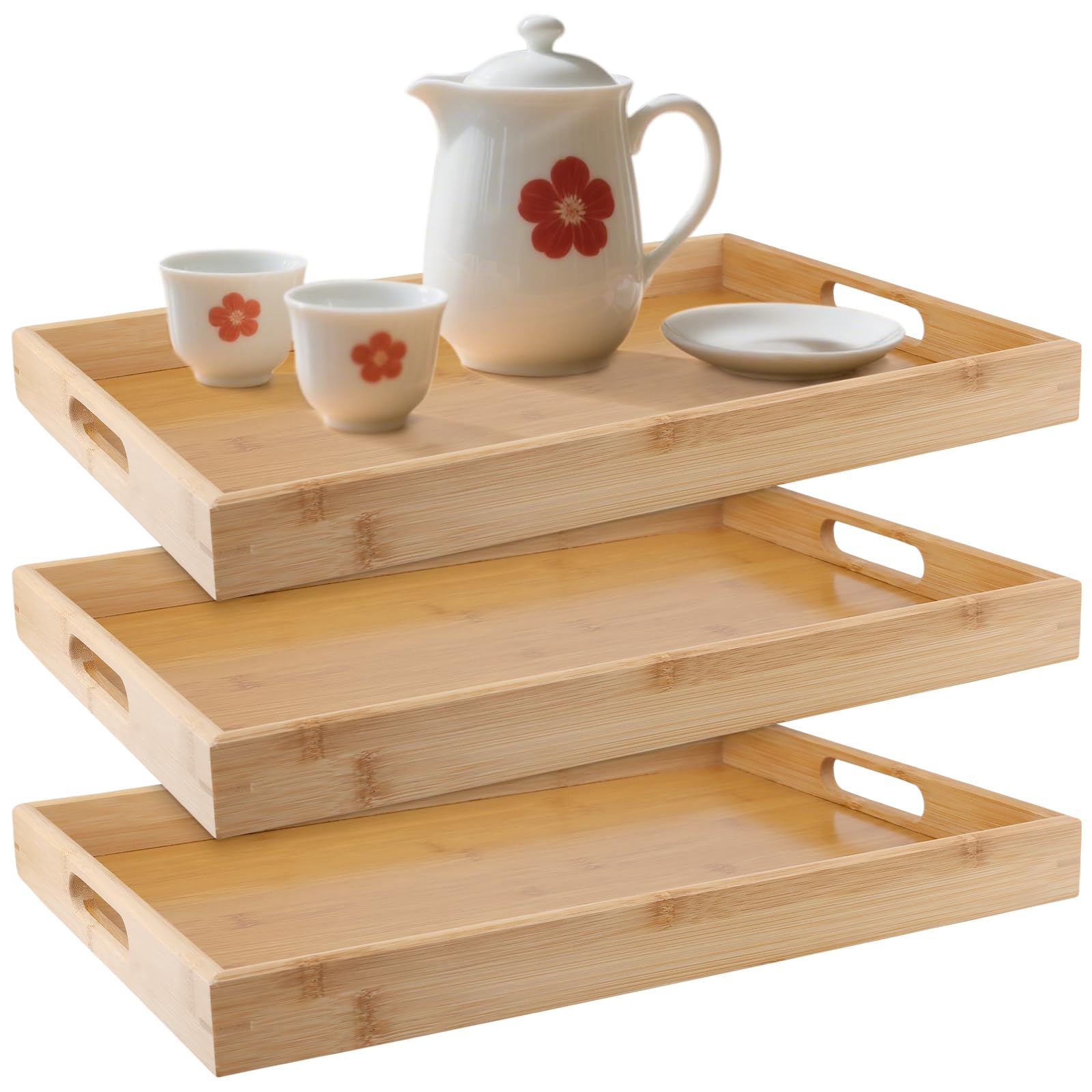 Lot de 3 plateaux de service rectangulaires en bambou avec poignées, 41 x 29 x 5 cm, plateaux de service en bois pour le thé, le café, manger des aliments