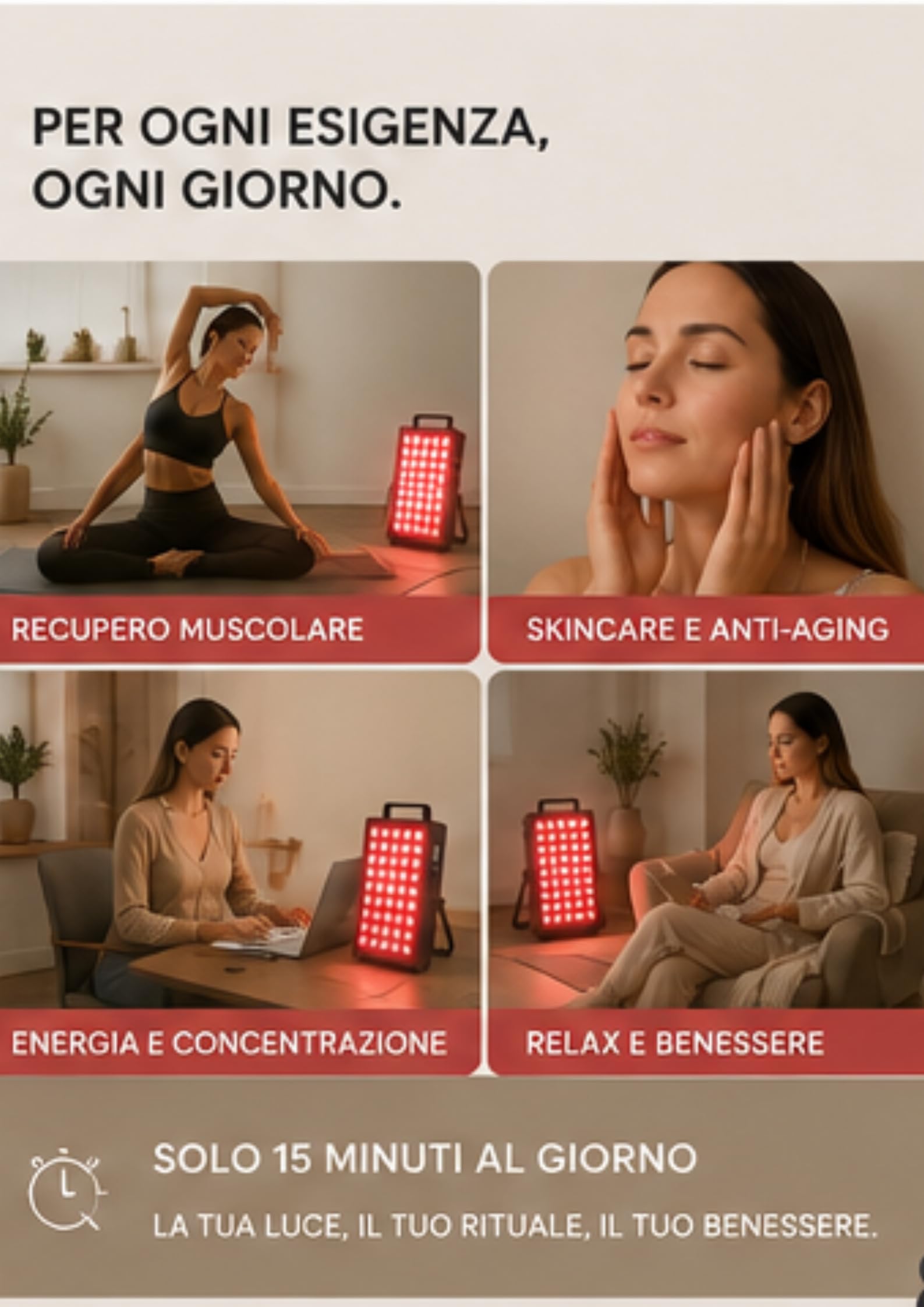 Lampada per terapia a luce rossa, 60 LED con tecnologia a 4 chip, 4 lunghezze d'onda (630 nm, 660 nm, 850 nm, 940 nm), intensità regolabile e timer, lampada a infrarossi per recupero muscolare