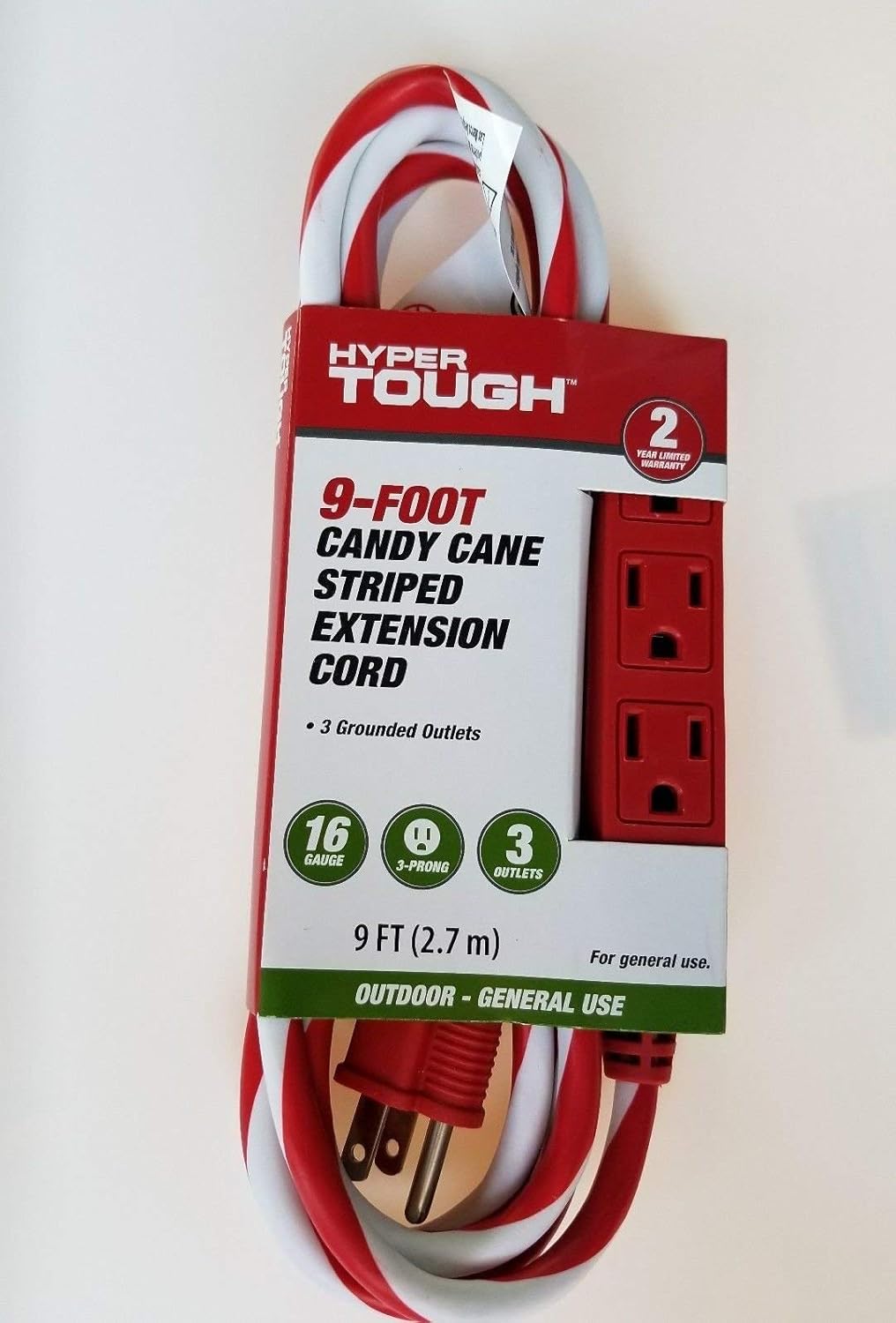 9-Foot Candy Cane Striped Extension Cord with 3 Grounded Outlets, Red/White