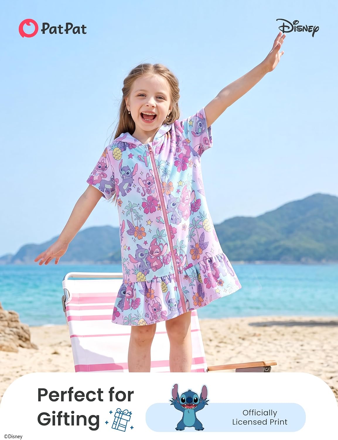 Disney Girls Swim Cover Up Terry Cloth Swimsuit Coverup Zip-Up Wrap Hooded image 3