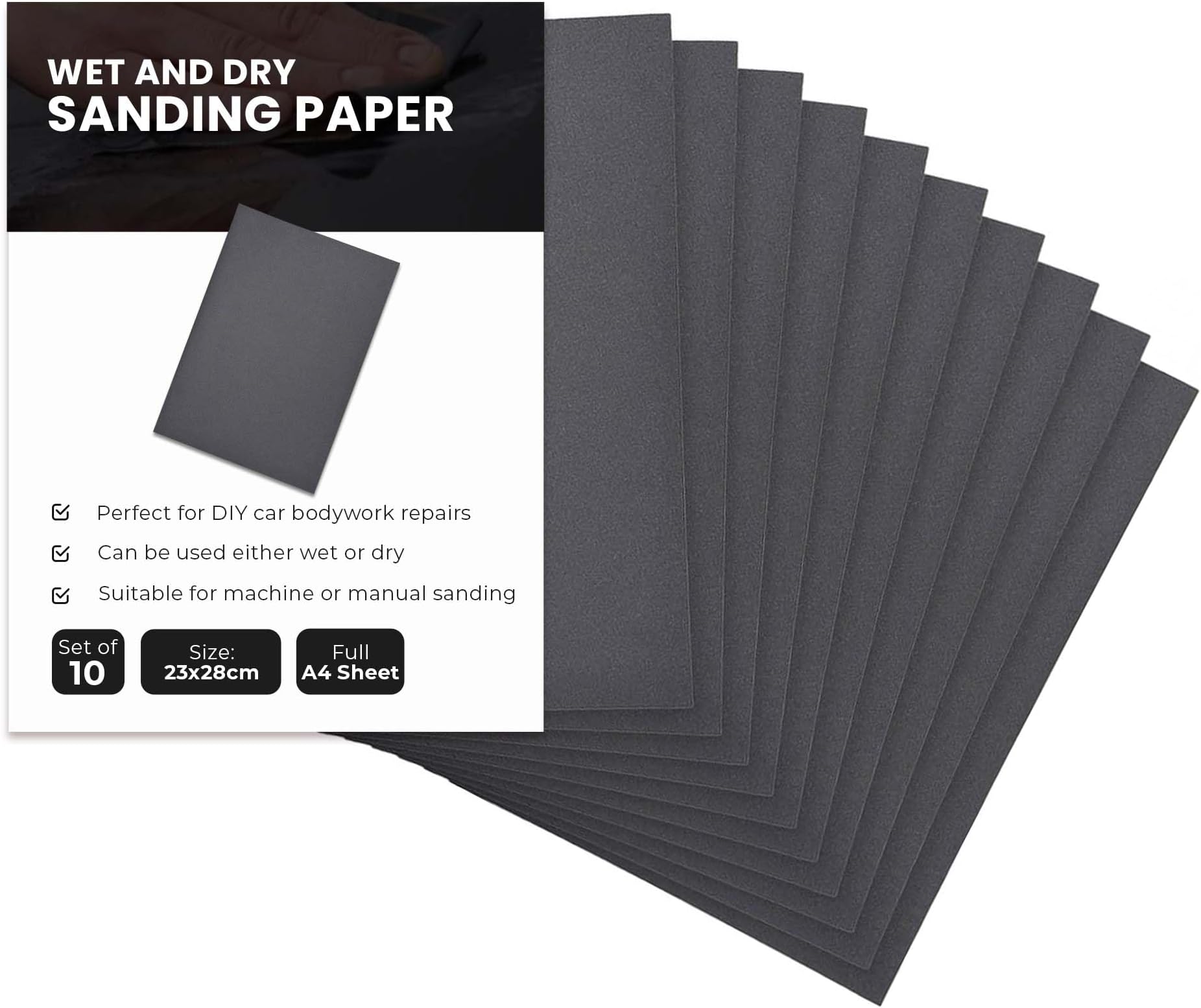 Large A4 Size Sandpaper Sheets | Abacus Range Assorted Grits – 3x Fine (180), 4x Medium (120), 3x Coarse (40) | 10-Pack (230x280mm) | For Sanding Wood, Furniture, Metal, Plaster