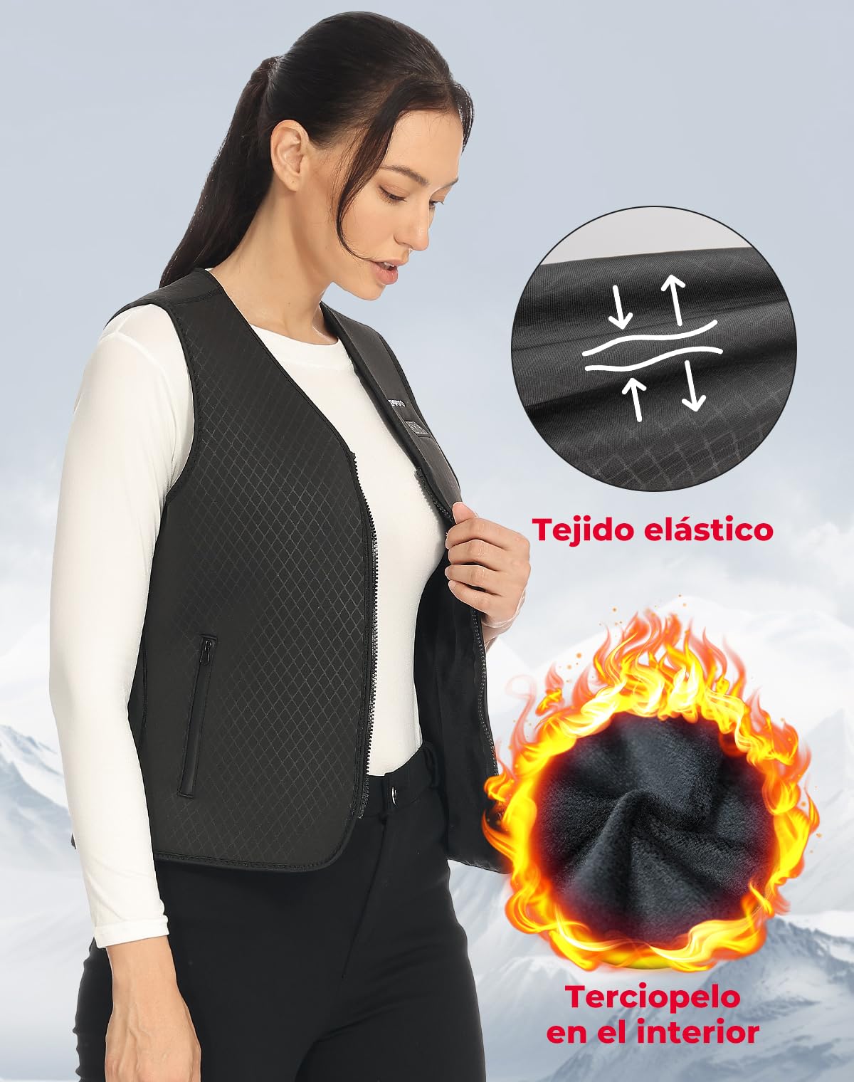 KEMIMOTO Chaleco Calefactable Mujer, Chaleco Térmico Corte Elegante y Ajustado con 8 Zonas de Calentamiento, Chaleco Cálido para Campar, Esquí, Pesca, Actividades al Aire Libre (No incluye Batería)
