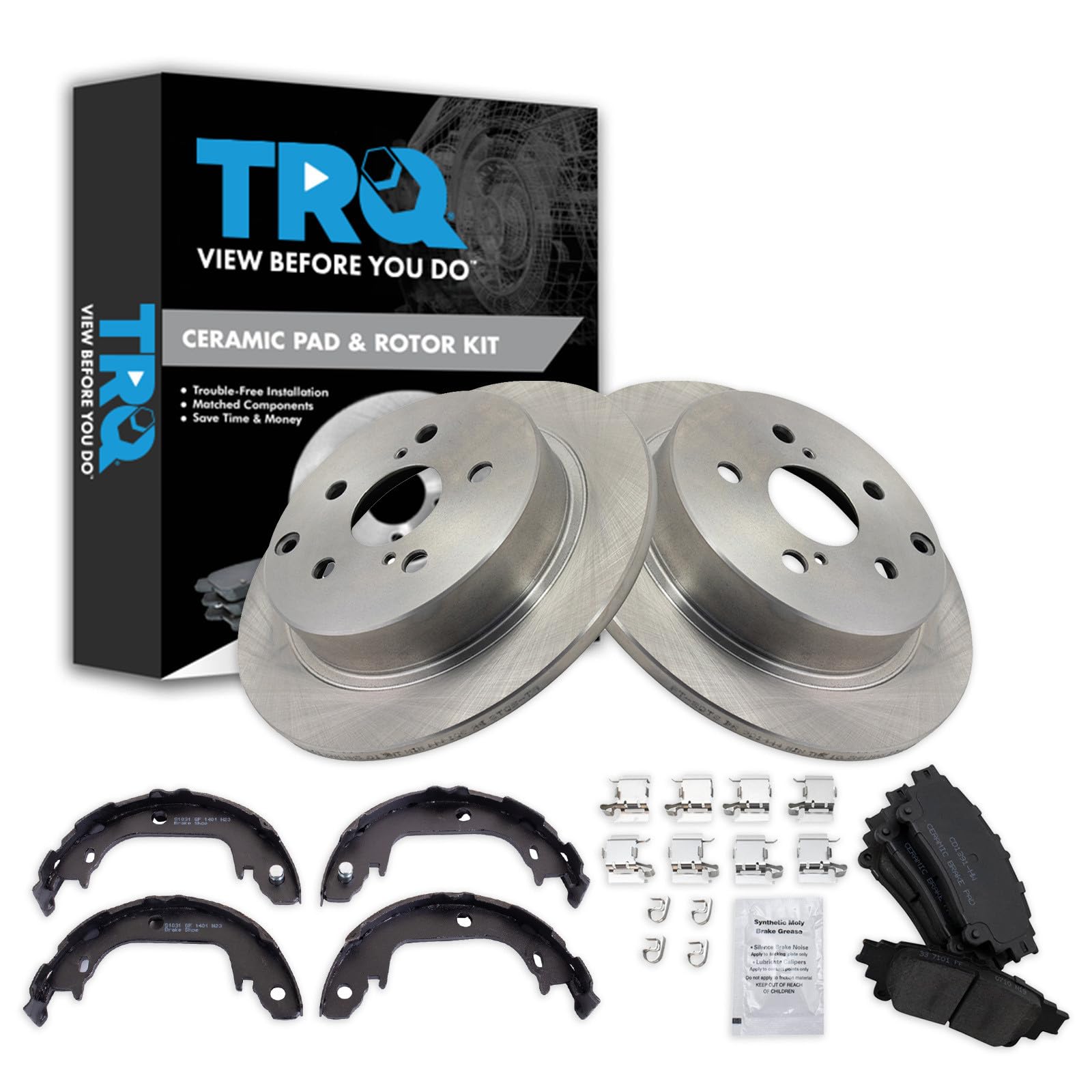 TRQ Rear Brake Pad and Rotor Set Ceramic Parking Shoe Compatible with 2016-2019 Toyota Mirai 2012-2017 Prius V