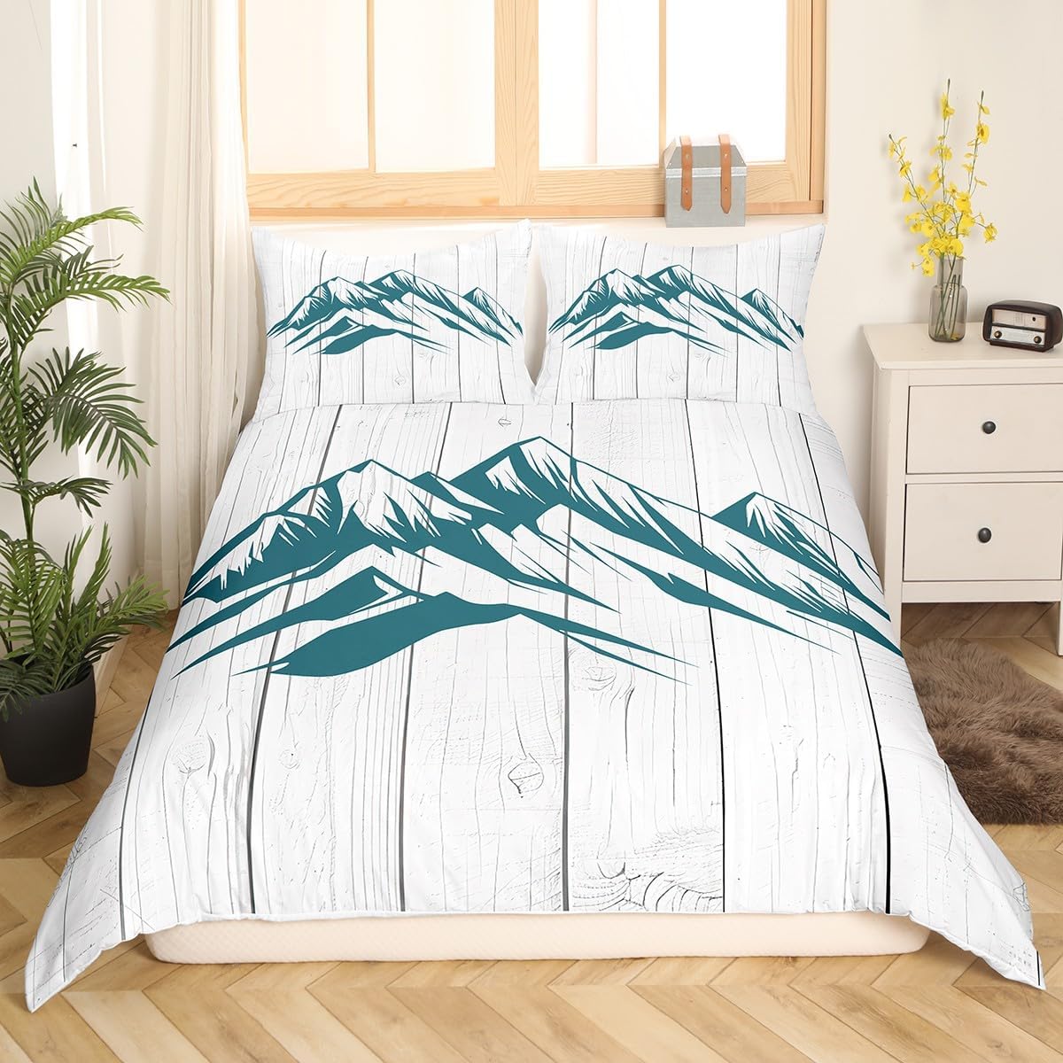 Castle Fairy Mountain Duvet Cover Set Toddler Size,Skiing Adventure Bedding Set,Navy Blue White Sketch Quilt Cover for Kids,Comforter Cover(No Filler),2 Pcs