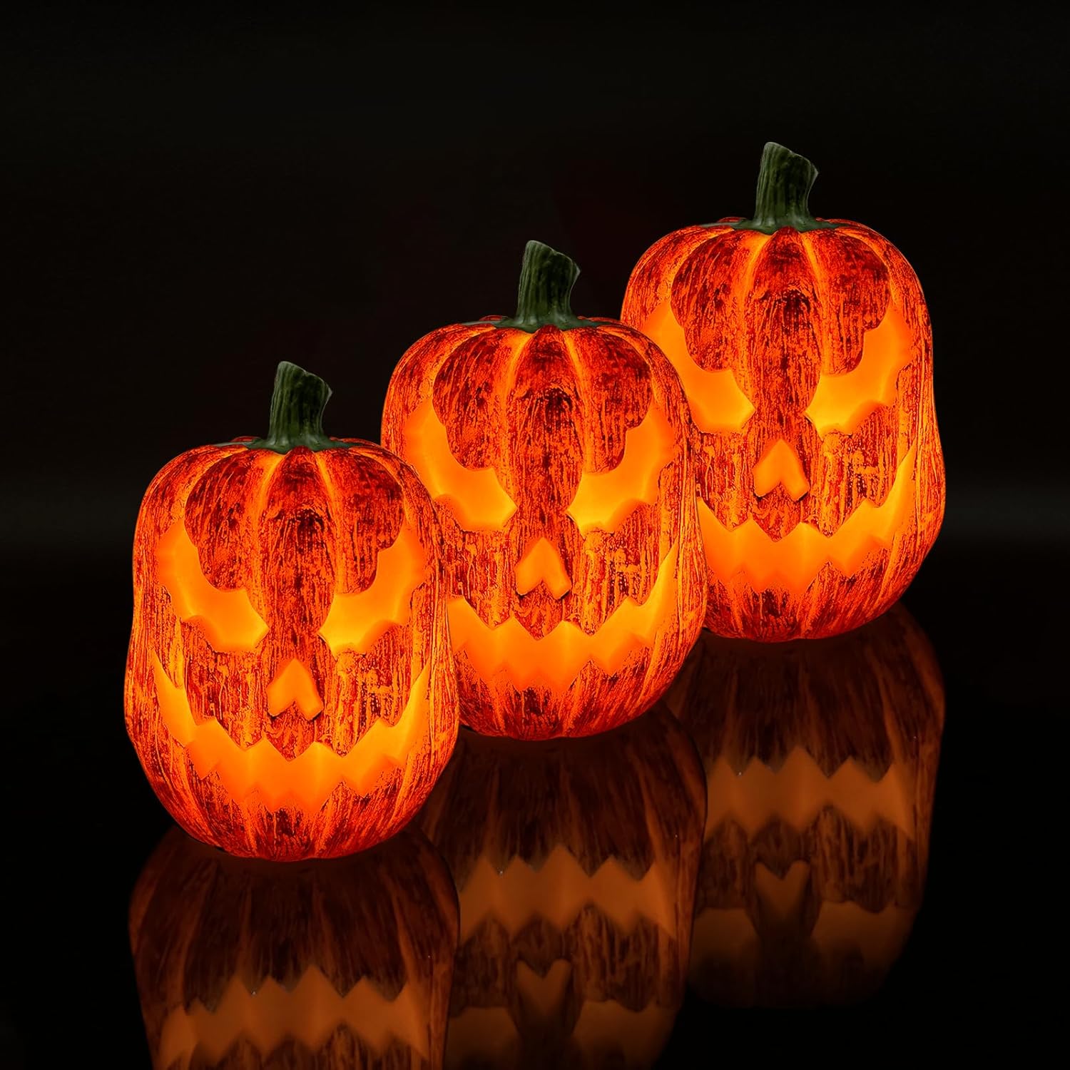 Halloween Flickering Pumpkin Flameless Candle Lights LED Ghost Face Pumpkin Real Wax Candle Battery Powered with 6 Hour Timer Unscented Halloween Indoor Decoration