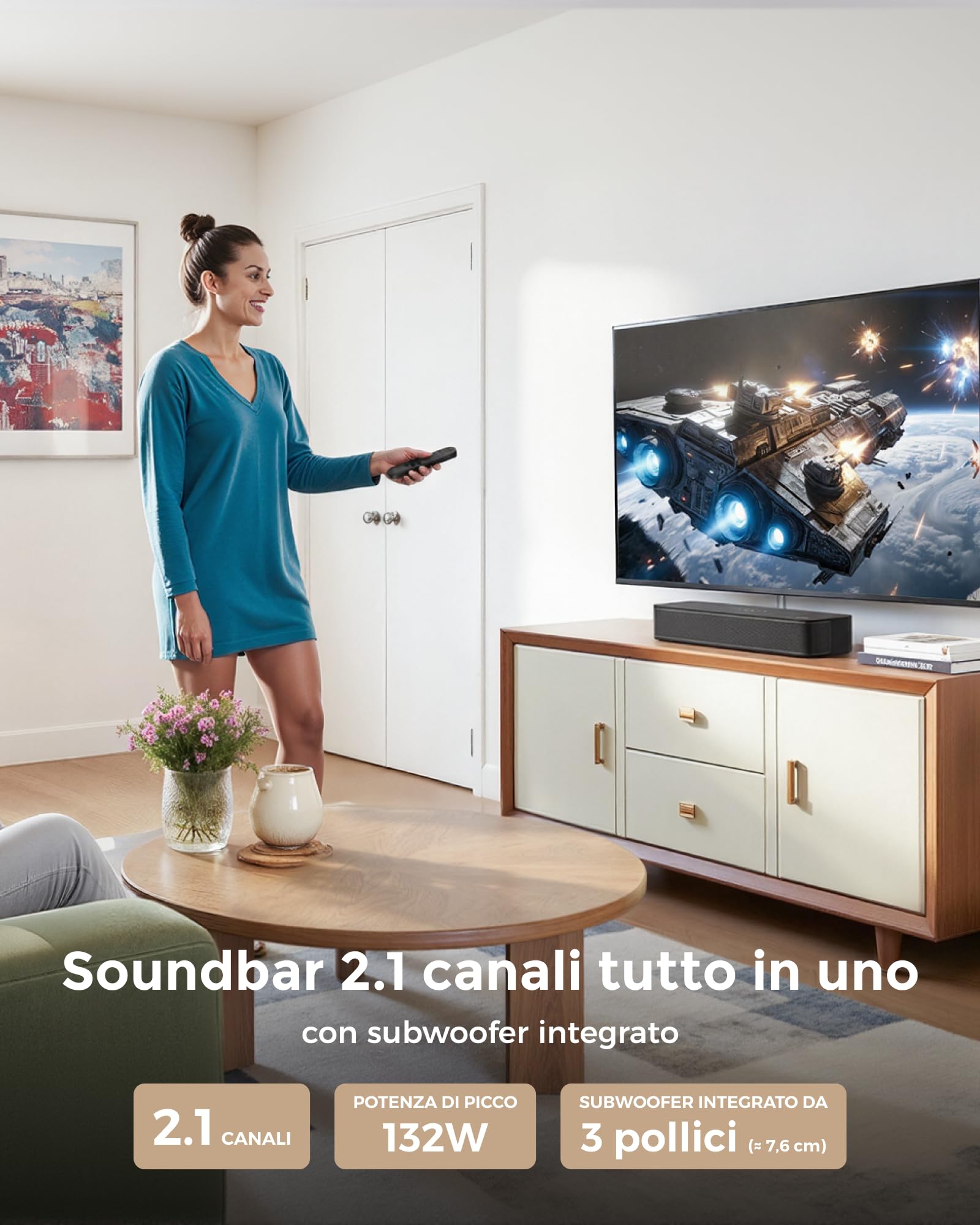 ULTIMEA 2.1 Ch Soundbar Per TV, Subwoofer Integrato, All-In-One Per PC E Giochi. App Controllo, 132W Potenza Picco, Bluetooth 5.4, OPT/AUX Ingressi, Montaggio A Parete, Poseidon M20 Pro
