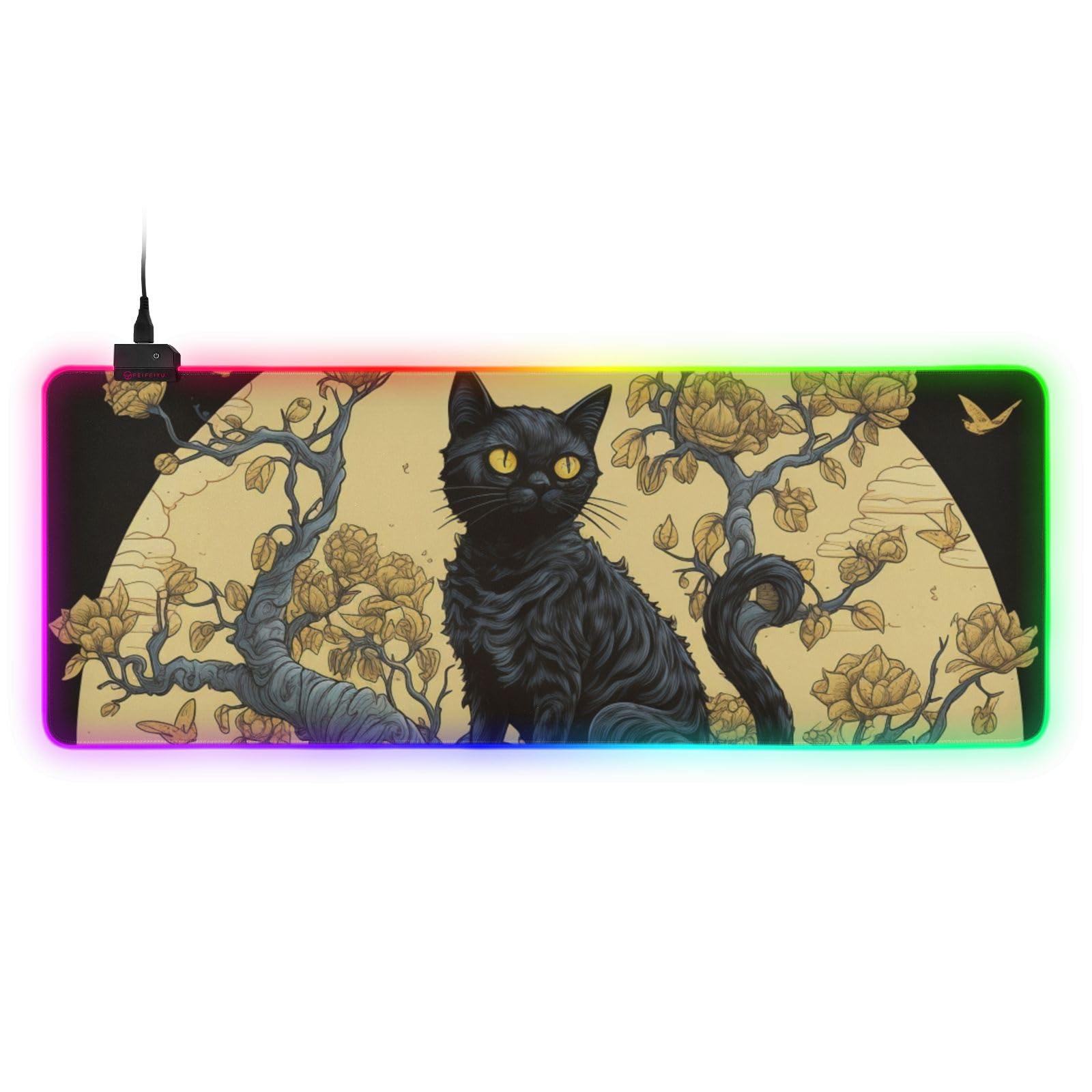 Podkładka pod mysz do gier z kotem siedzącym na drzewie, duża podkładka do gier z wieloma trybami światła RGB, antypoślizgowa gumowa podstawa