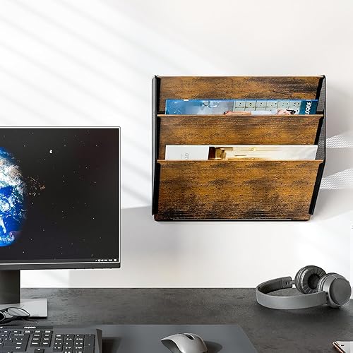 Miniatura 5 de PAG Organizador de archivos de pared para oficina, soporte rústico de 3 niveles, estante de almacenamiento de pared para