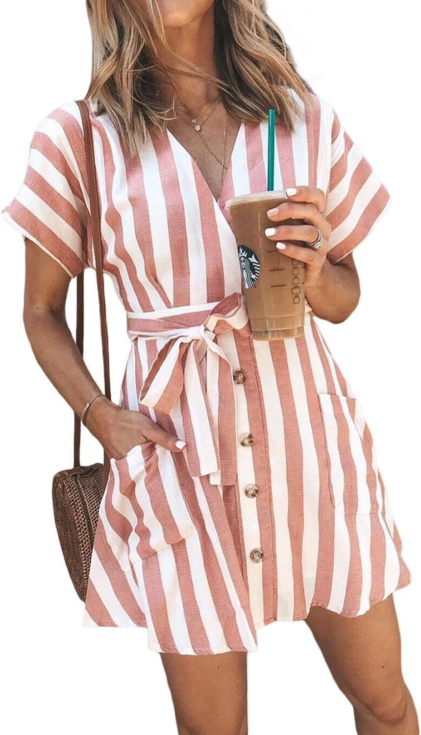 HOTAPEI Womens Fashion Stripe Short Sleeve Sexy Wrap V-Neck Casual Summer Button Up Mini Short Shirt Dress with Belt Pink Striped Large