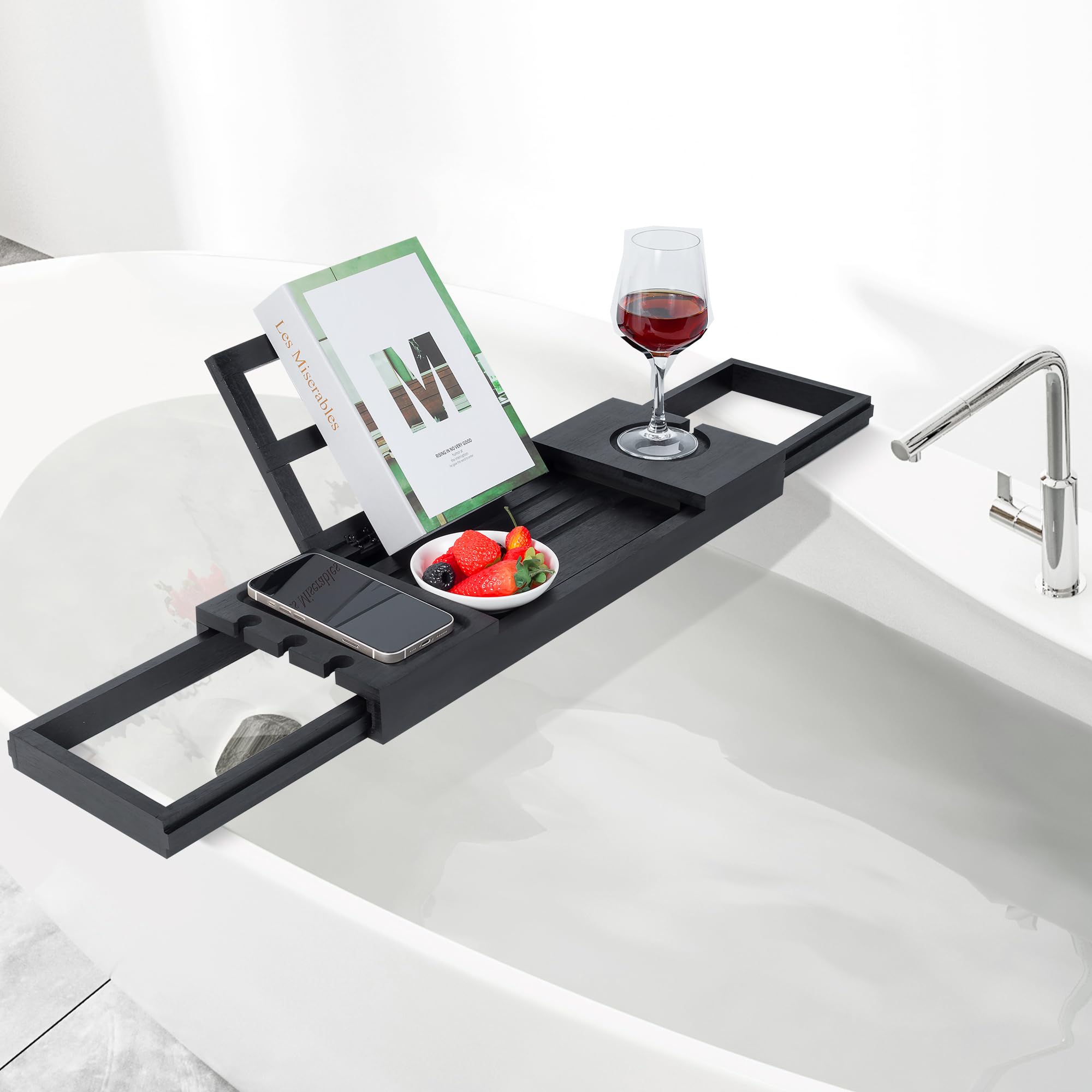 Utoplike Badewannentablett aus Bambus, verstellbar, für Badewanne, Schwarz | Badezimmer-Organizer mit Buch, Tablet, Weinglas, Tasse, Handtuchhalter