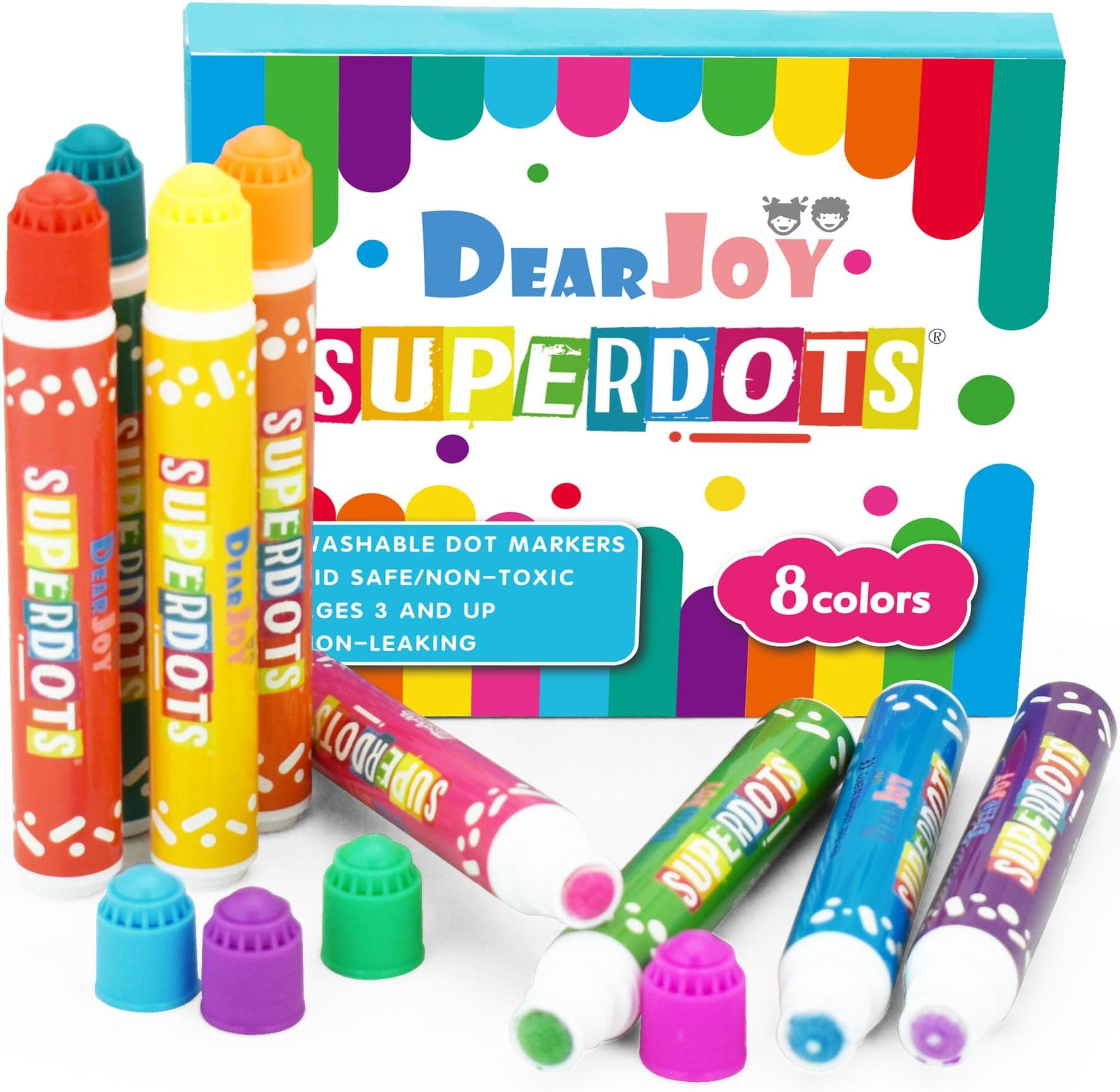 - Super Dot Markers Toddlers Kids 8 Colors Jumbo 20ml Water Based Non Toxic Fun Preschool Crafts Art Supplies Washable (Multicolor)