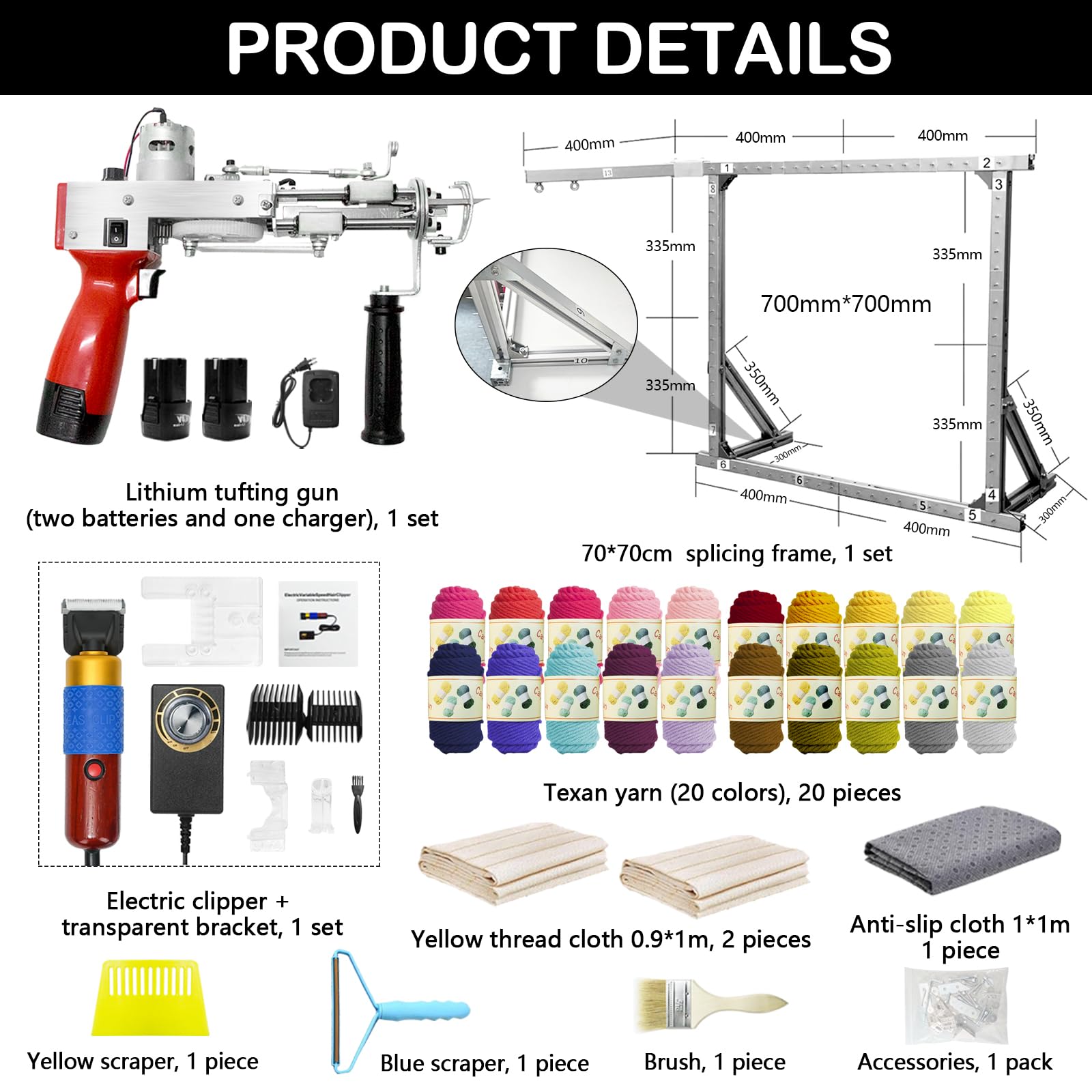Pistola Per Tufting, Set Tufting Macchina Tufting Pistole Tappeti Batteria 2*2600 Mah Con Telaio In Lega Alluminio 27,5 X 27,5'' Taglierina Tappeti A Pelo Tagliato 20 Rotoli Filato Con Teli Tufting
