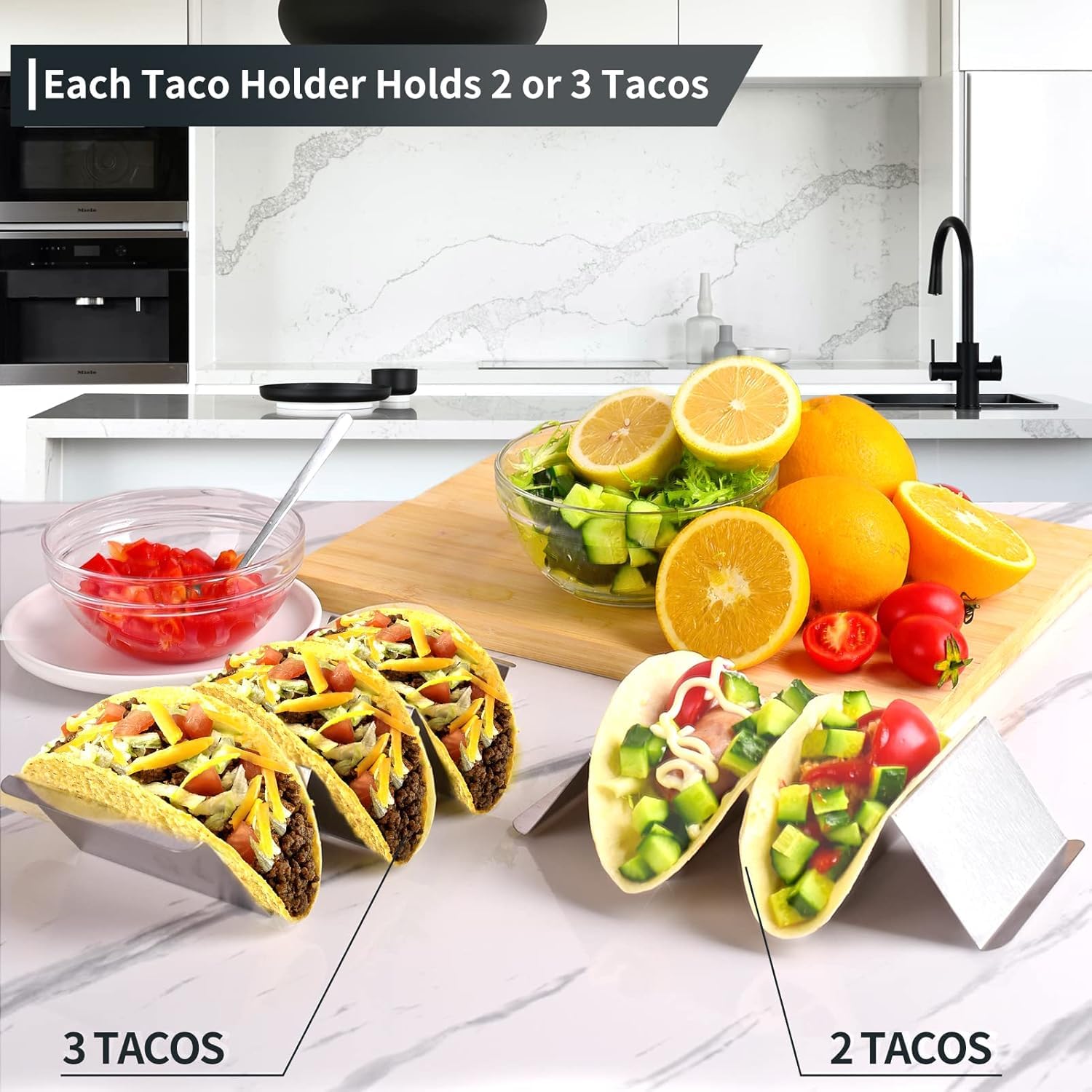 LATERN 6 Pezzi Porta Tacos, 21CM x 10CM Supporto per Tacos in Acciaio Inox Vassoi Verticali per 3 Pezzi Tacos Eleganti Porta Tacos con Manici - Resistente al Forno, Griglia e Lavastoviglie