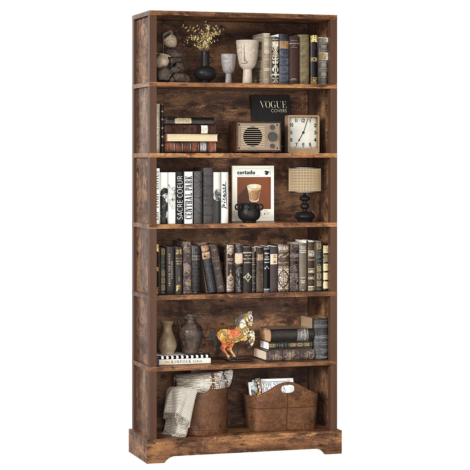 TVU 6-Tier Wooden Bookshelf, 77.2" Tall Farmhouse Style Open Bookcase, 31.5" W Standing Book Shelf with Storage, Suitable for Study, Living Room, Office, Rustic Brown