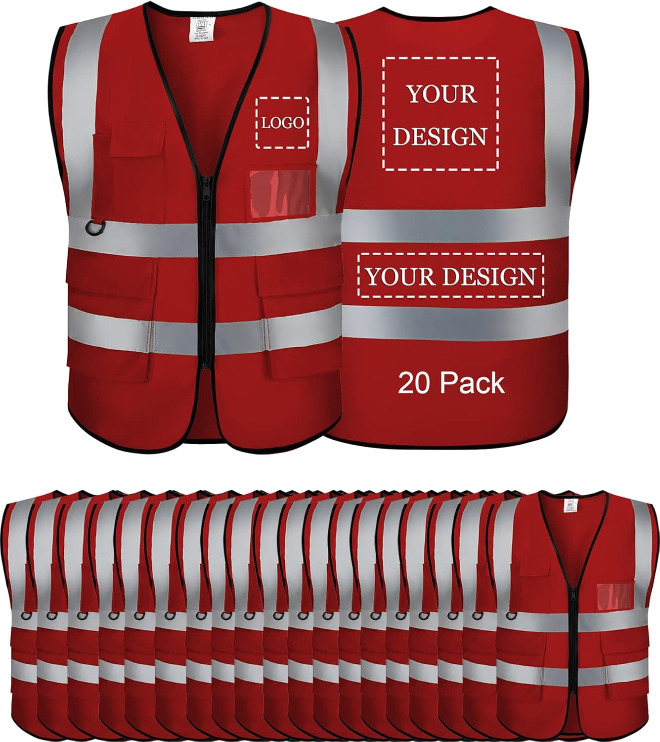 Custom Logo Safety Vest Customize Class 2 Visibility Reflective Vests Bulk with Pockets and Zipper