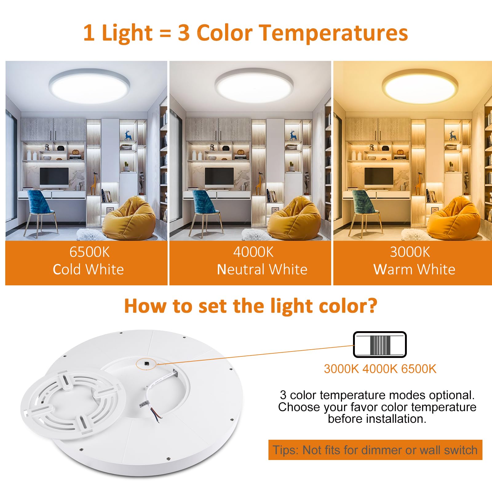 Oraymin Flat Round LED Ceiling Light, 24W IP44 Waterproof Bathroom Light, 3000K, White 18w With Twilight Sensor, 1 Pièces - Image 3