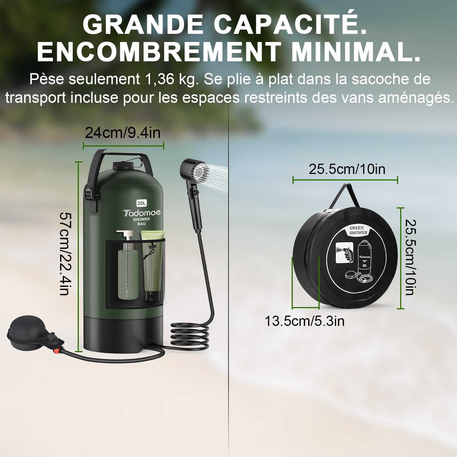 20l Douche Solaire Camping avec Pompe à air à Pied, Douche Portable avec Sac et buse pour extérieur Camping, Randonnée et Plage