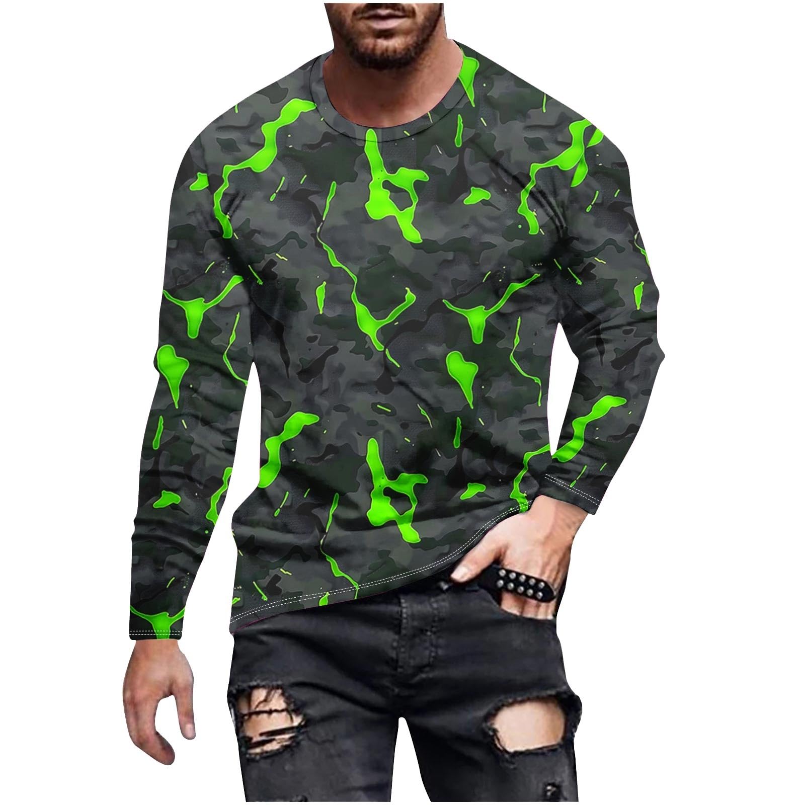 Long Sleeve Shirts for Men Camouflage Print Casual Stylish Workout Crewneck Cotton Sweatshirts Loose Fit Pullover Tees