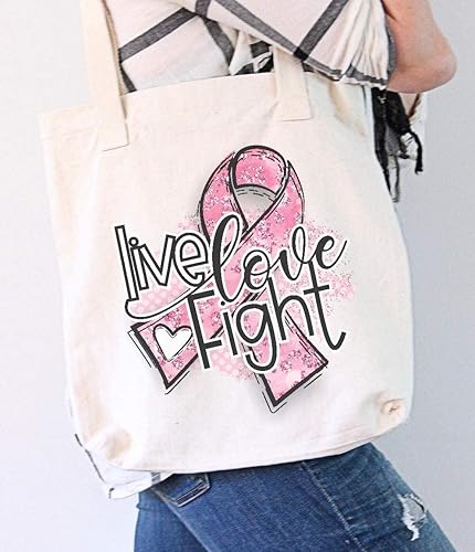 Miniatura 2 de Live, Love, Fight Breast Cancer Awareness Reusable Grocery Bag - Canvas Tote Bag, 12 Ounce Heavy Natural Canvas bag 17 34" W x 15 34" H x 6 14" D
