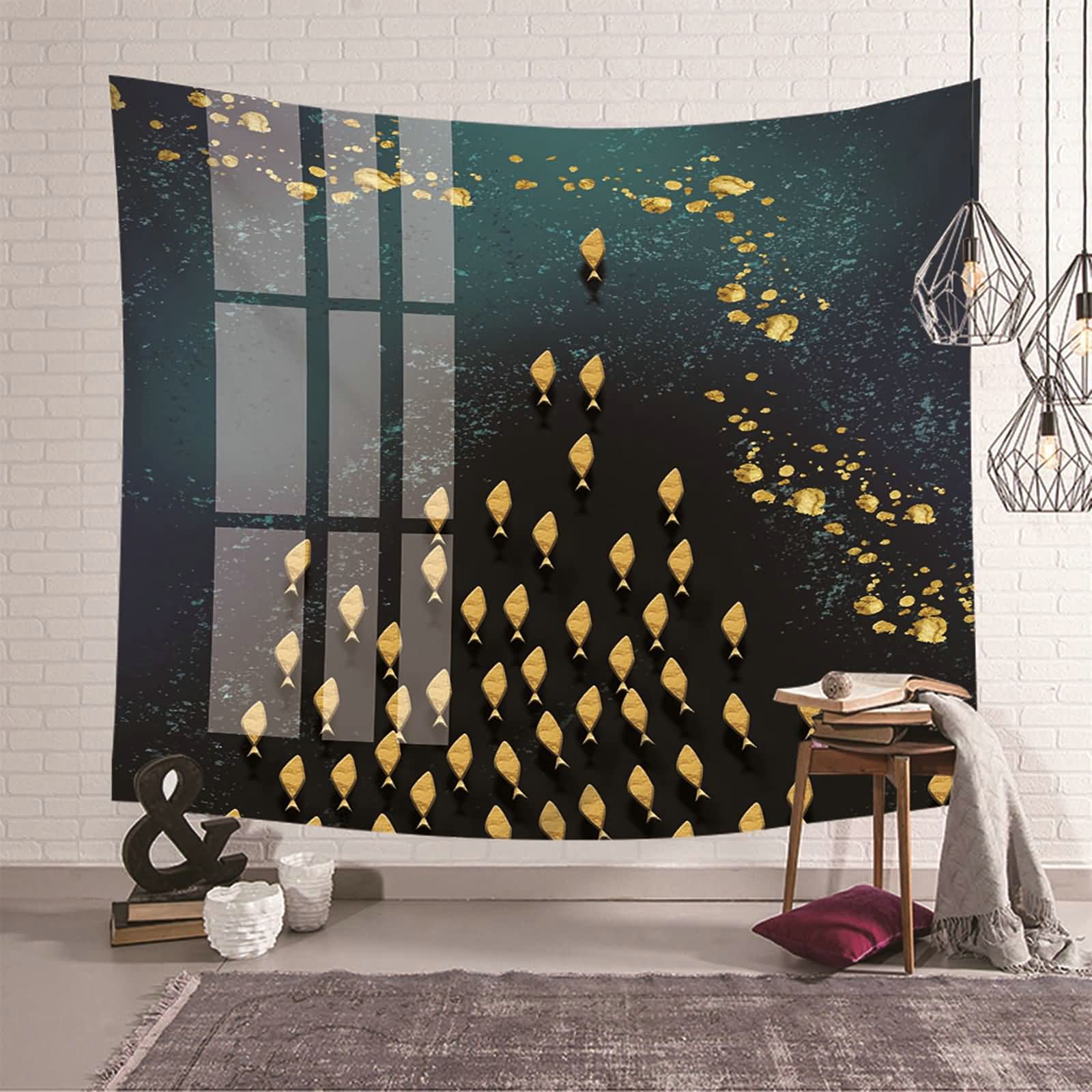 Tapiz decorativo de pared de peces abstracto negro y amarillo de 150x130 cm