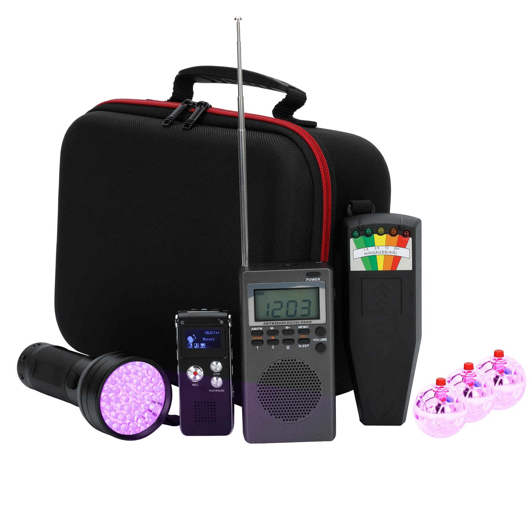 Ghost Hunting Equipment Kit Include EMF Meter,Spirit Box,EVP Recorder,UV Flashlight,3 LED Light up Cat Balls & Carrying Case,Advanced Ghost Kit