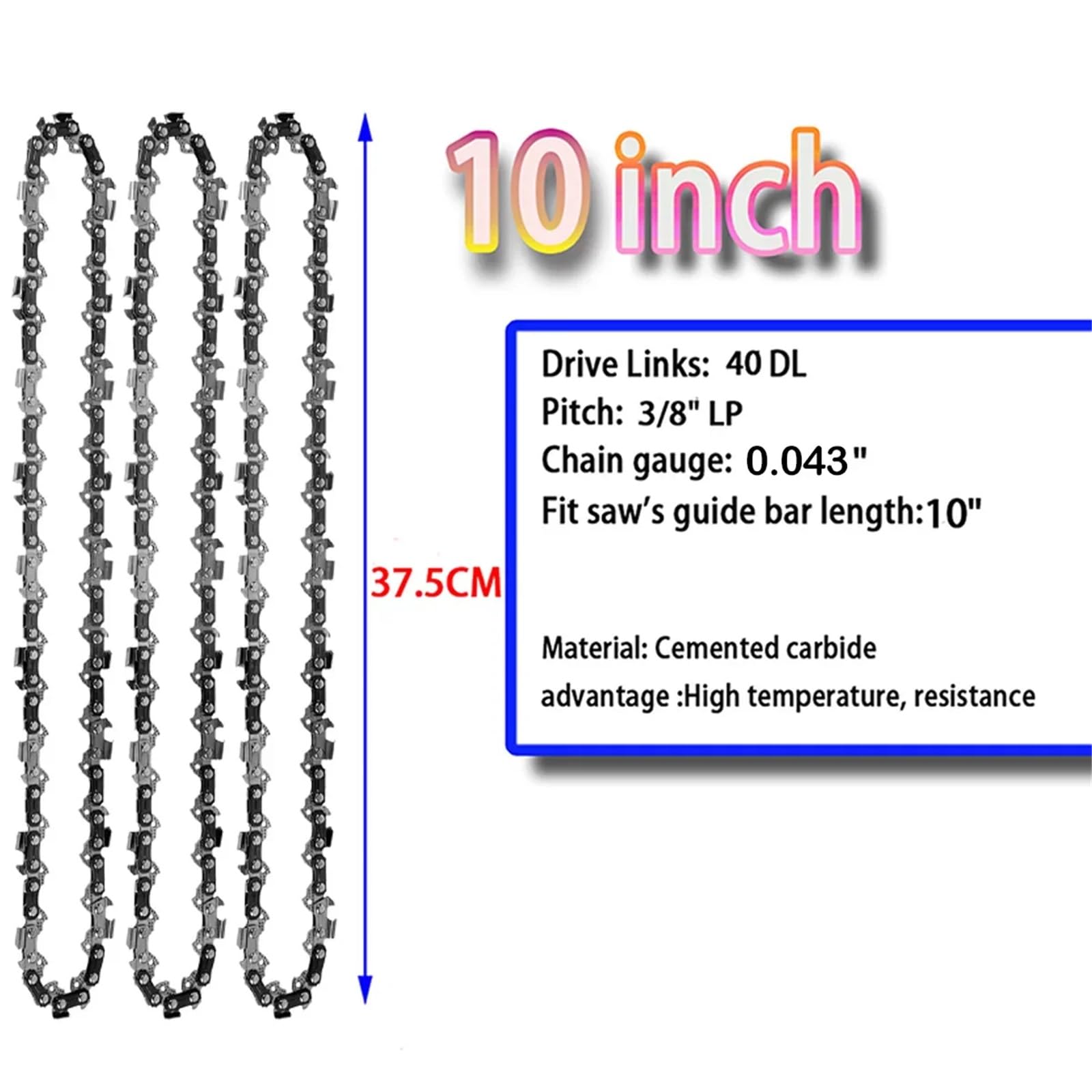 Cadena de motosierra Metal 10 pulgadas, 40 eslabones transmisión, 3/8 Lp, repuesto accesorio sierra eléctrica portátil 0.043 Cadena de corte de madera(3pcs-10inch 40 Dl)