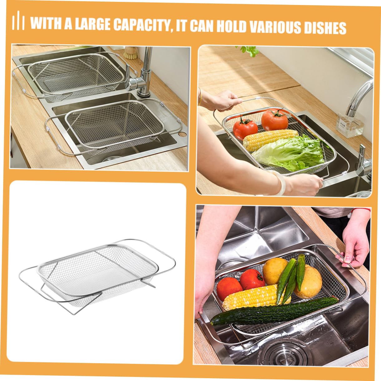 LABRIMP Cestello scolapiatti per lavello in acciaio inox, per cucina, versatile ed efficiente, per frutta, verdura e stoviglie