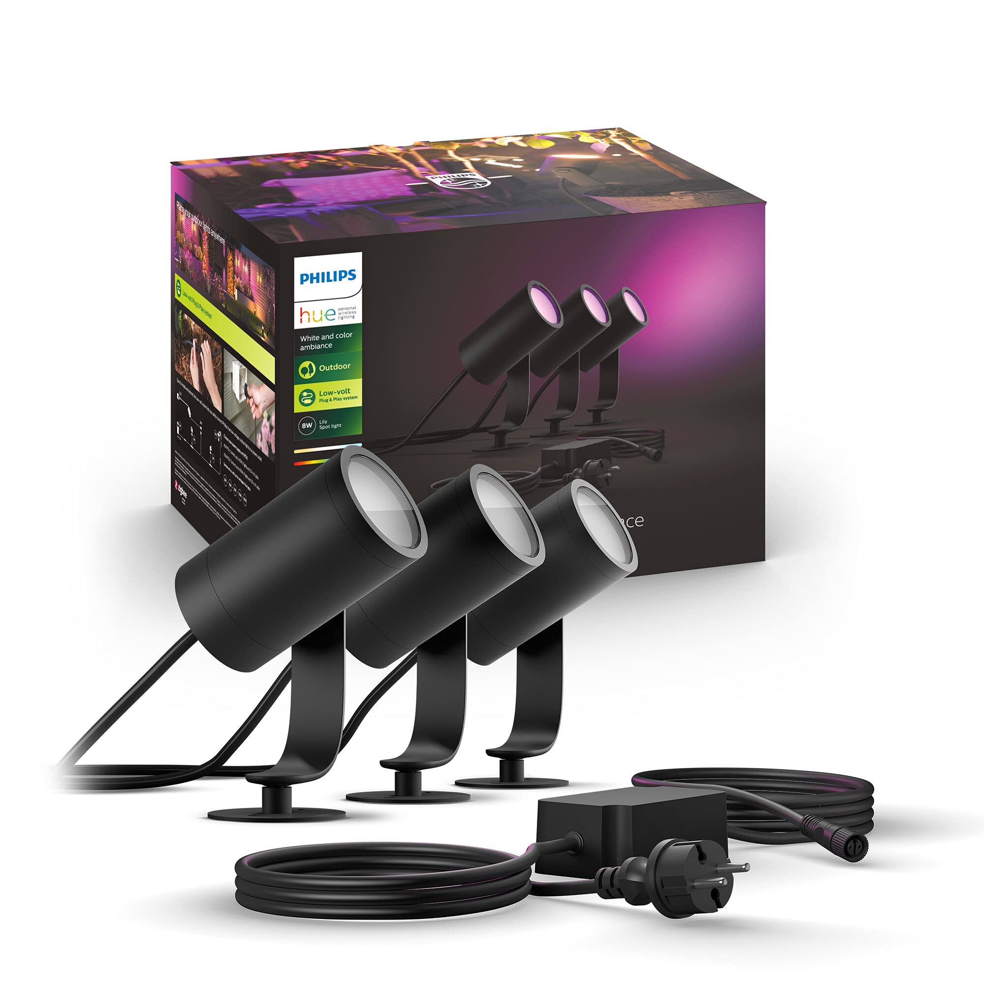 Philips Hue White and Color Ambiance Faretto Smart LED Lily per Esterni, Kit Base con 3 Faretti LED, Luci LED Esterno Dimmerabili, 8 W, Nero