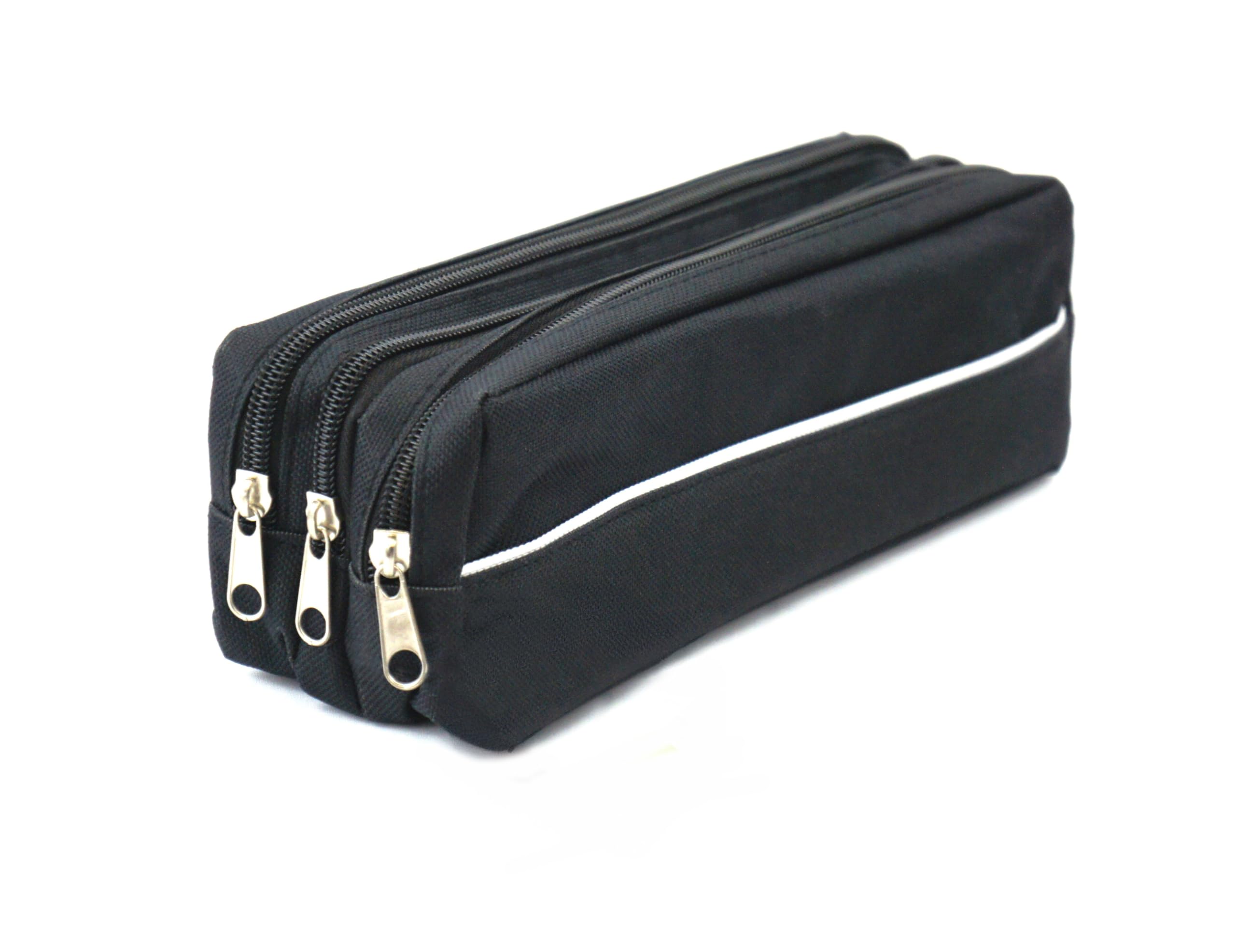 ARPAN Triple Pocket Zip Rectangular Large Fabric Pencil Case - School Make-Up (Black)
